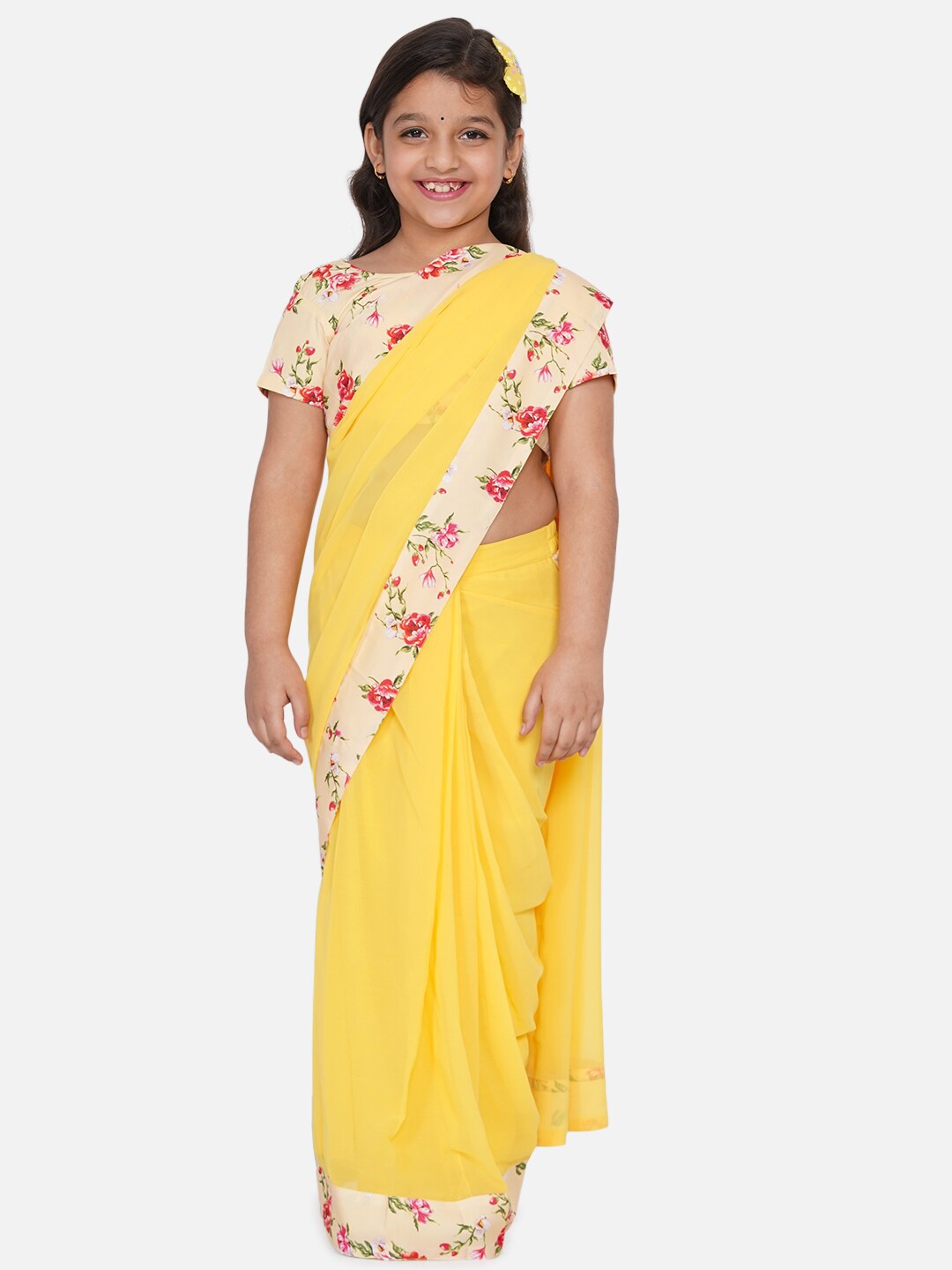 

Little Bansi Yellow & Red Floral Ready to Wear Saree