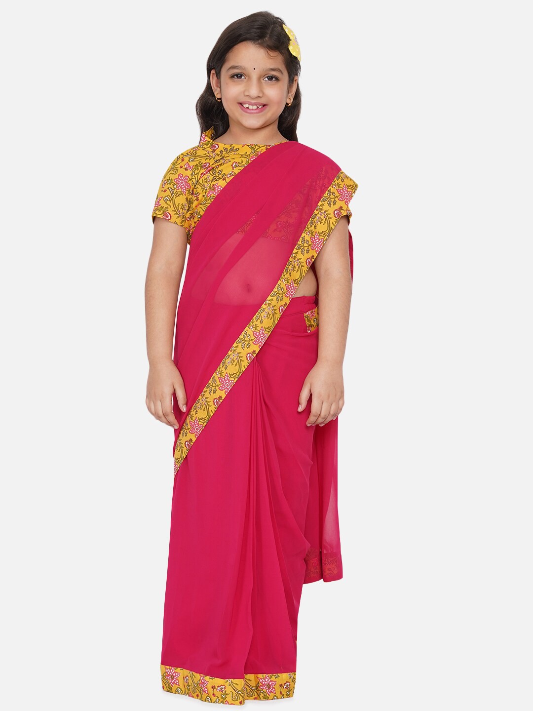 

Little Bansi Magenta & Yellow Floral Ready to Wear Saree