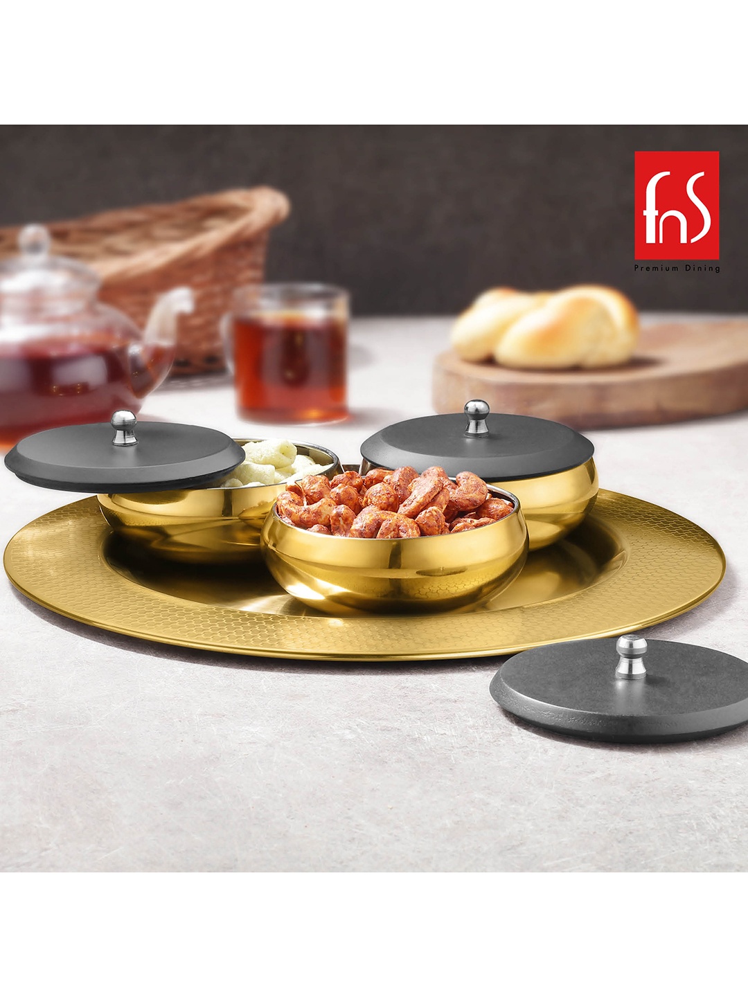 

FNS Set of 3 Gold-Toned & Black Colorblocked Stainless Steel Serveware