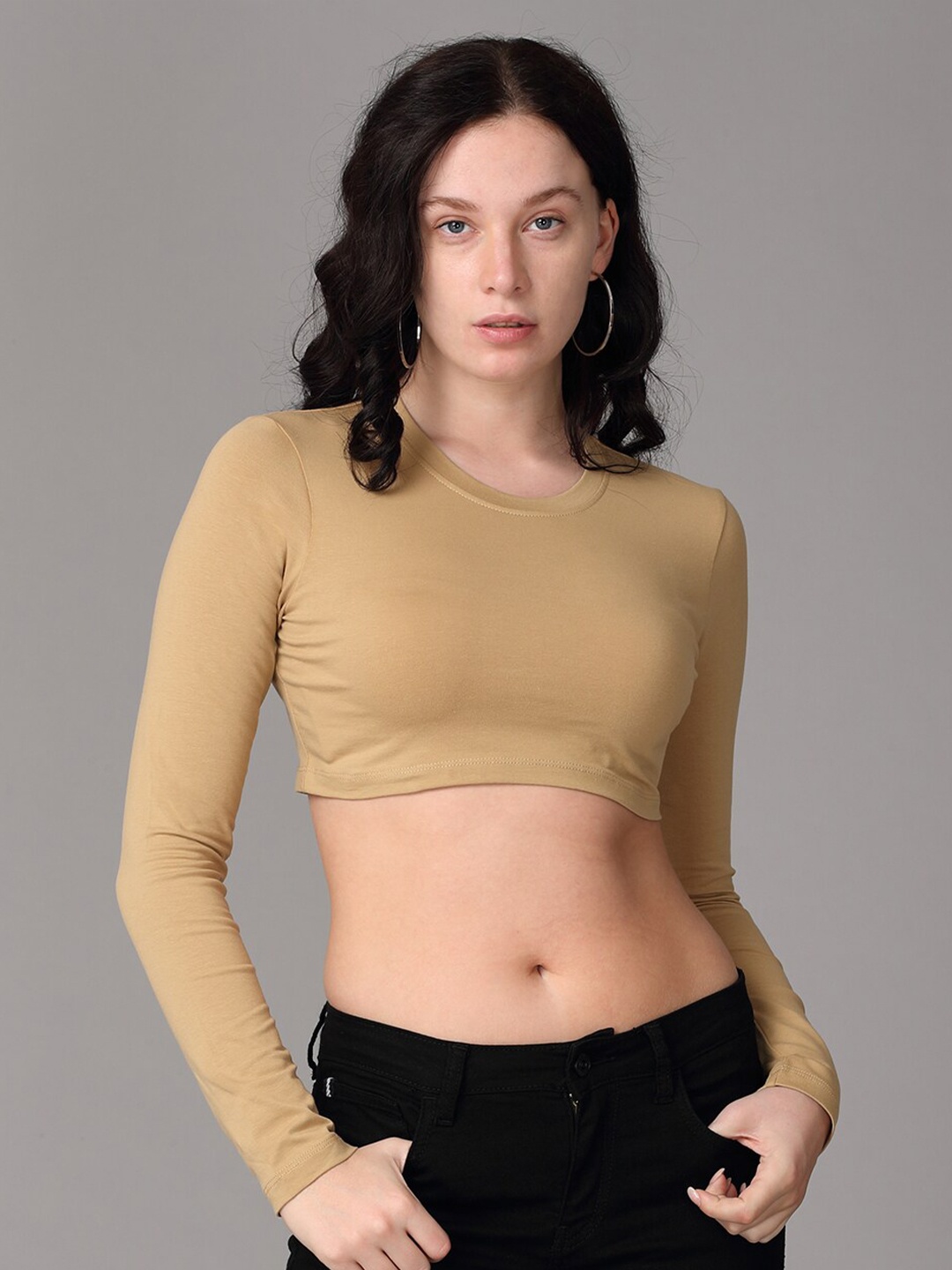 

Oh So Fly Beige Solid Knitted Fitted Pure Cotton Crop Top