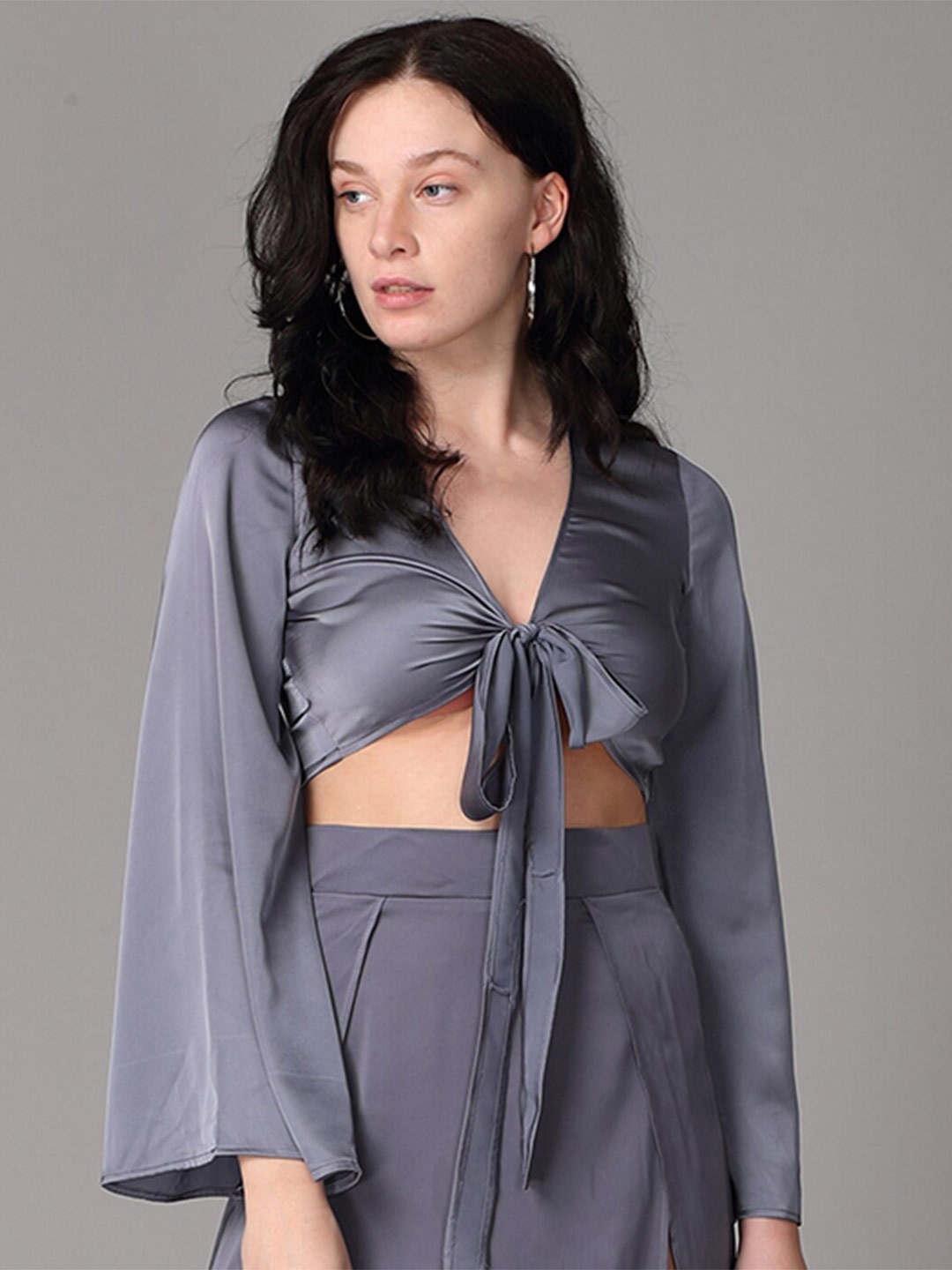 

Oh So Fly Grey Satin Wrap Crop Top