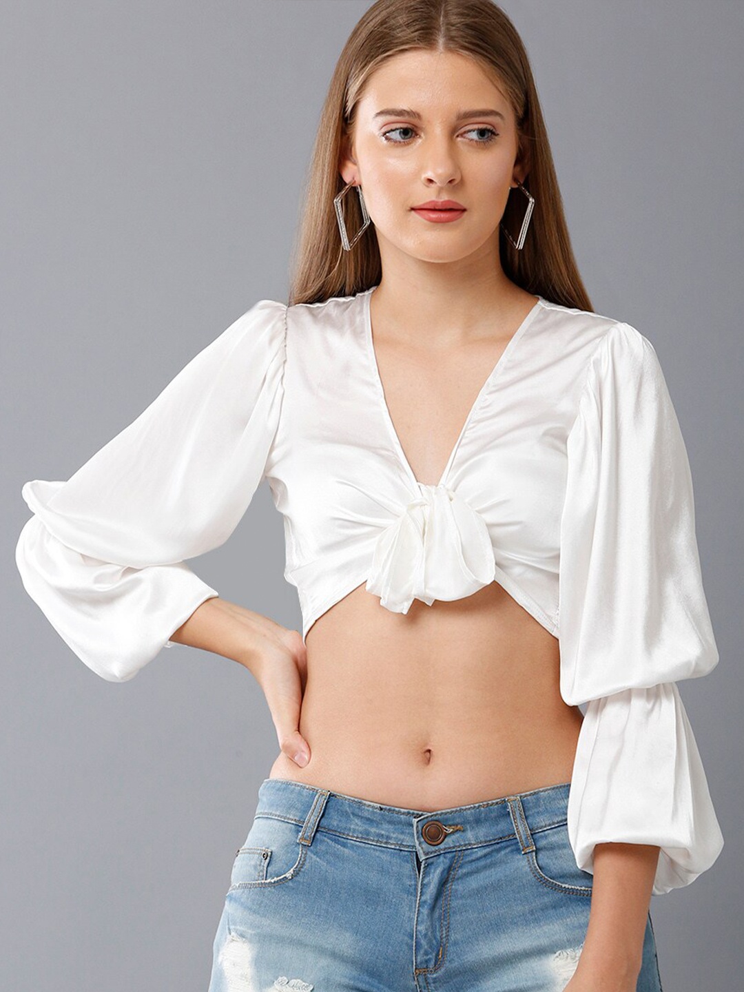 

Oh So Fly White Bishop Sleeves Satin Longline Top