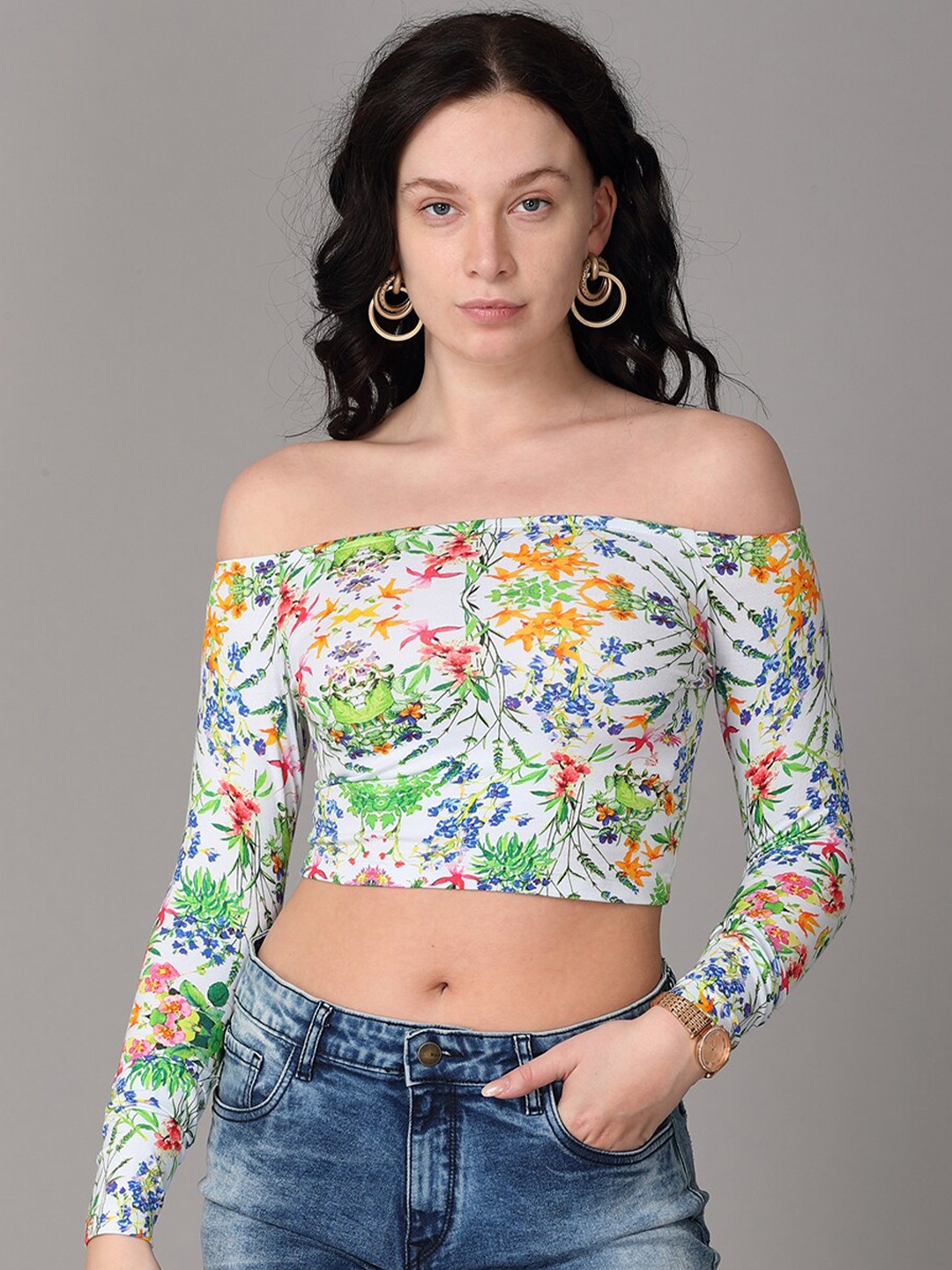 

Oh So Fly White & bright gray Floral Print Off-Shoulder Bardot Crop Top