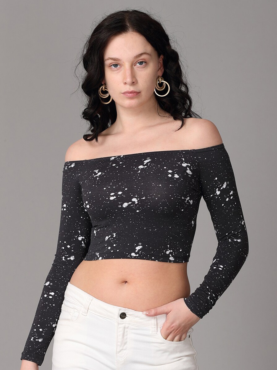 

Oh So Fly Grey Print Off-Shoulder Bardot Crop Top