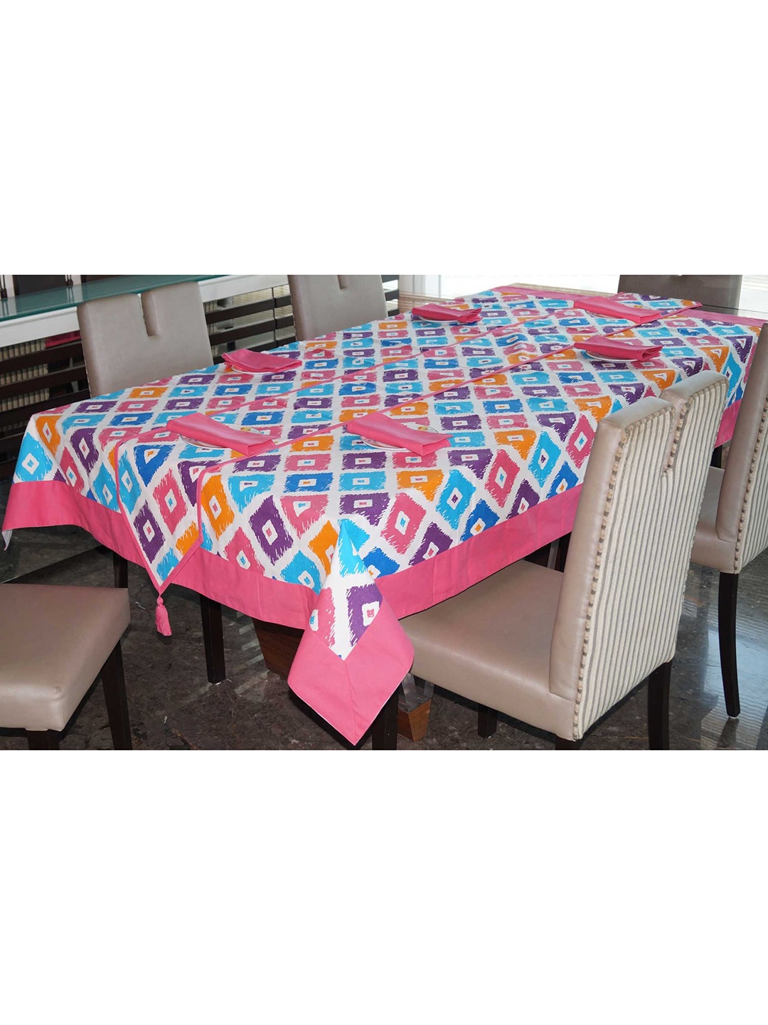 

Lushomes Set Of 8 Pink & Blue Printed Pure Cotton Table Linen Sets