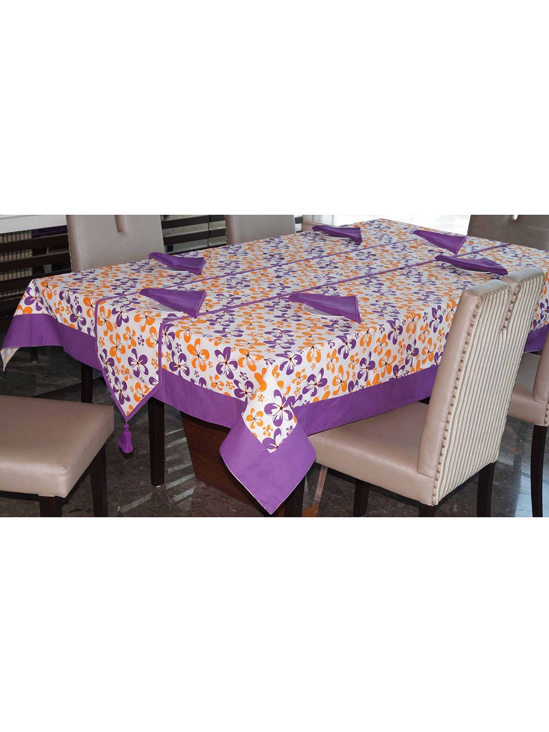 

Lushomes Purple & Multicoloured Printed 6 Seater Table Cloth with 1 Runner & 6 Napkins