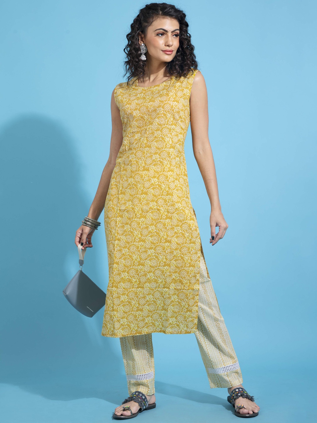 

POONAM DESIGNER Women Yellow Pure Cotton Kurta with Trousers