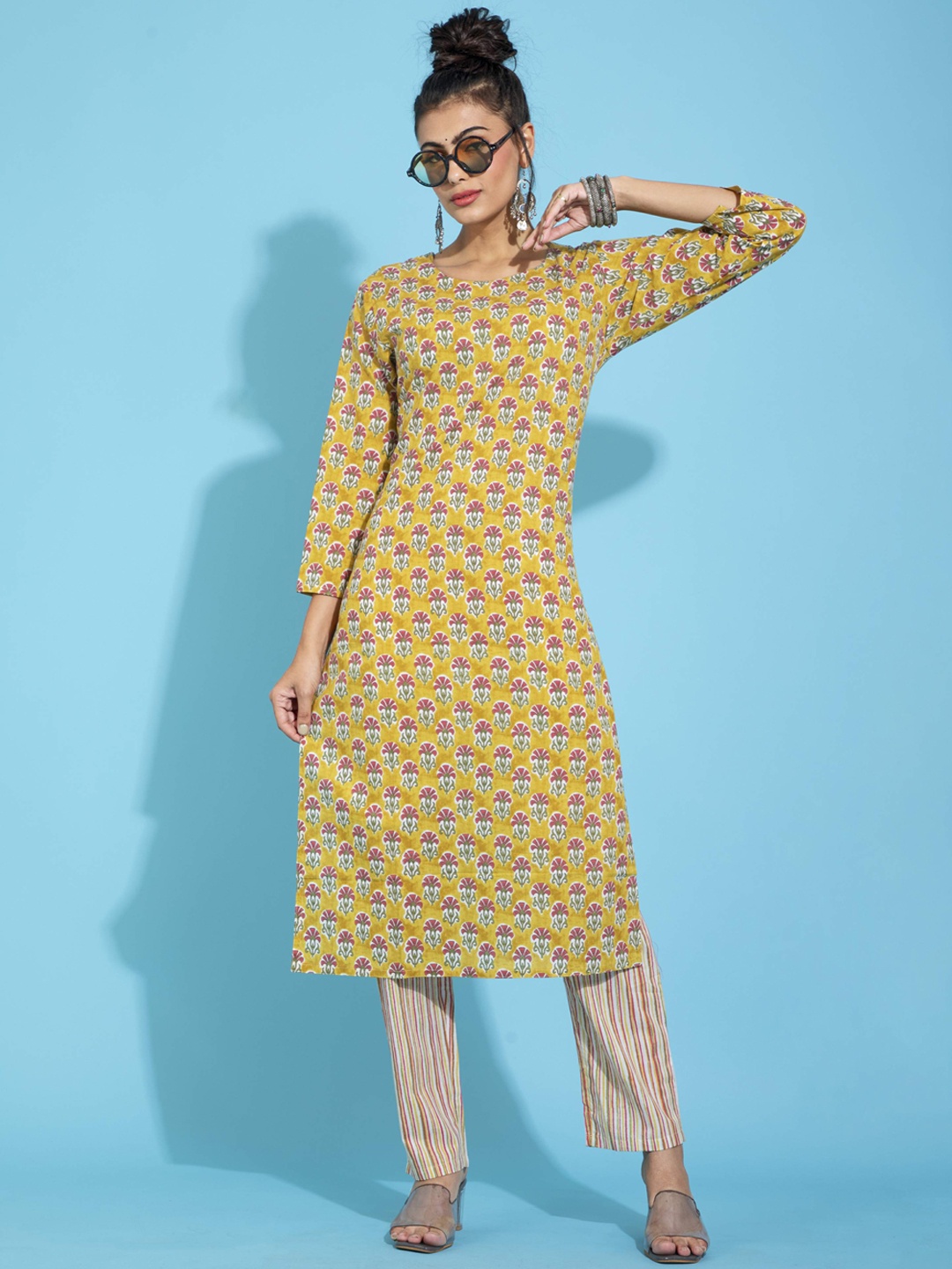 

POONAM DESIGNER Women Yellow Embroidered Pure Cotton Kurti with Trousers