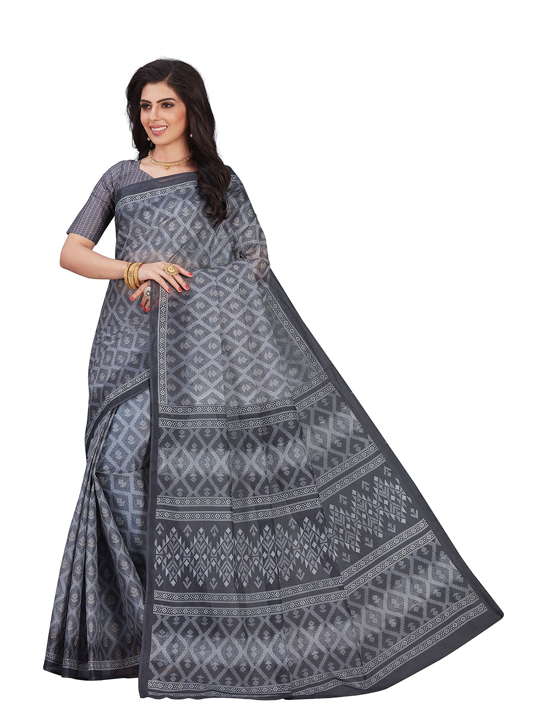 

SHANVIKA Grey Pure Cotton Block Print Saree