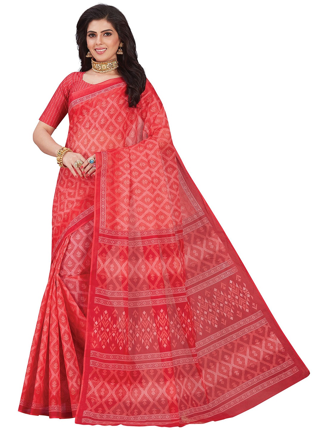 

SHANVIKA Coral Ethnic Motifs Pure Cotton Block Print Saree