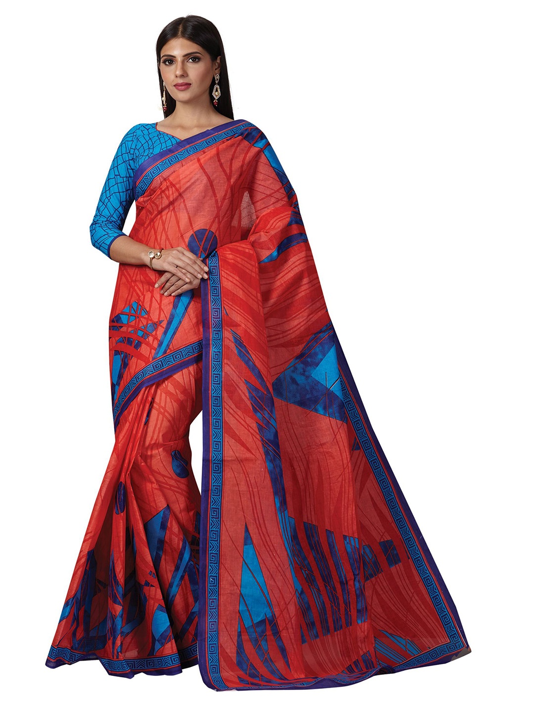 

SHANVIKA Mustard & Blue Pure Cotton Block Print Saree