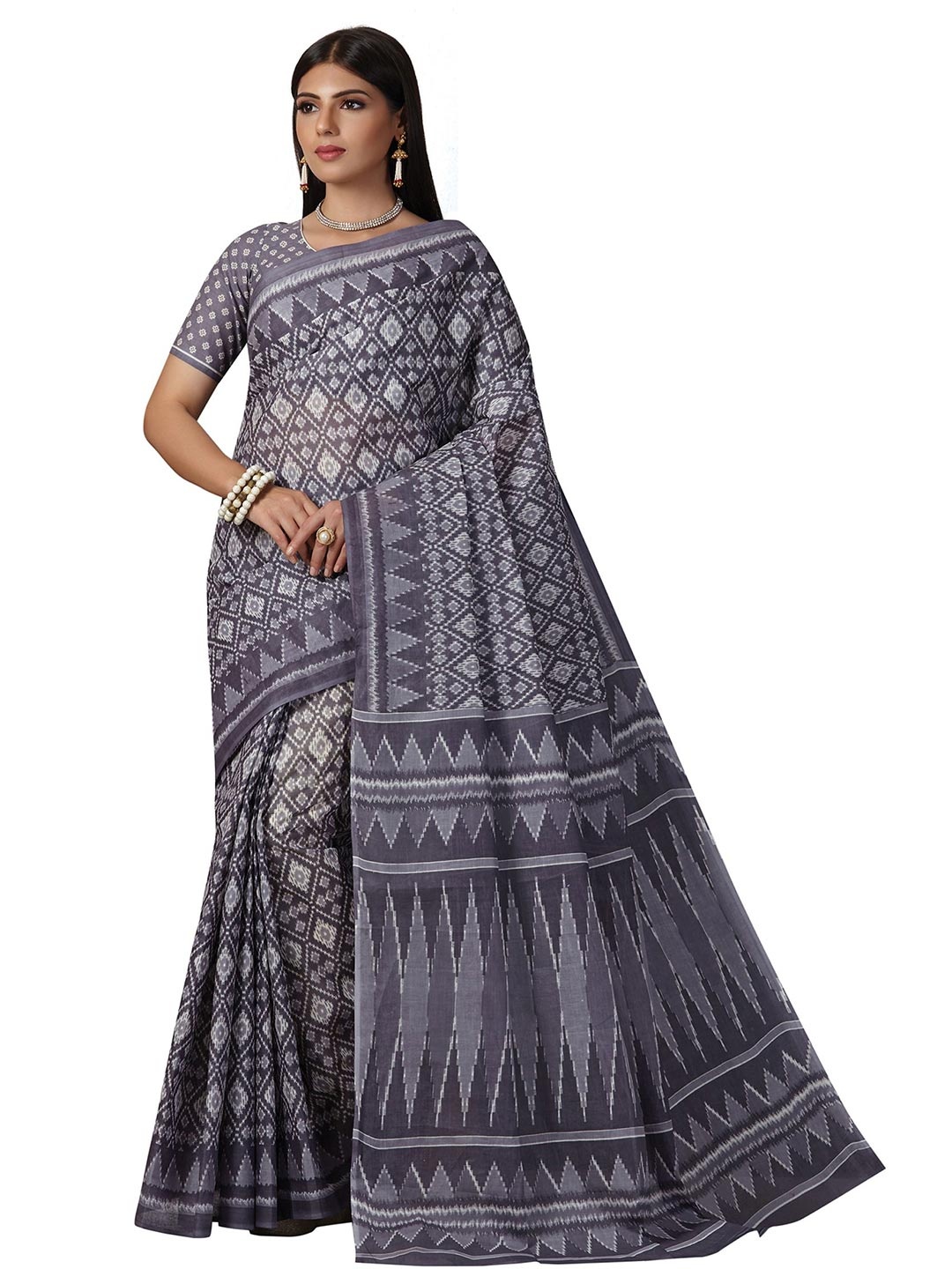 

SHANVIKA Women Grey Patola Printed Pure Cotton Saree