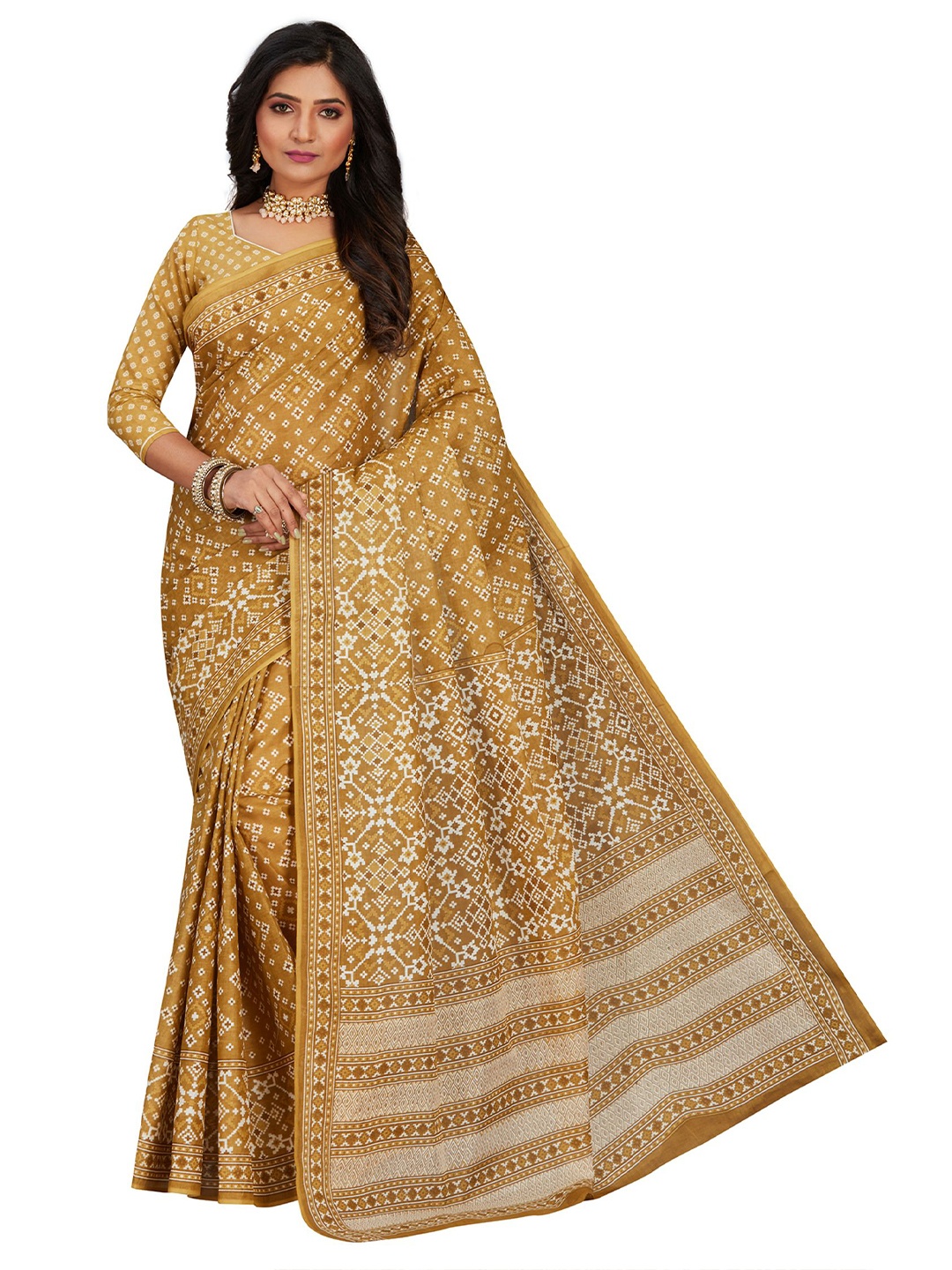 

SHANVIKA Mustard & Off White Pure Cotton Block Print Saree