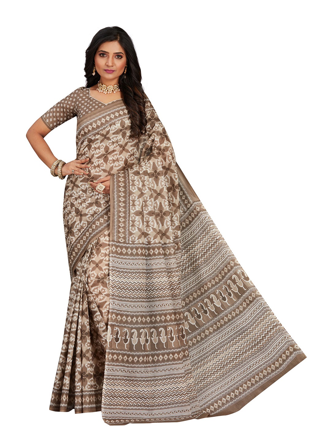 

SHANVIKA Beige & Brown Pure Cotton Block Print Saree