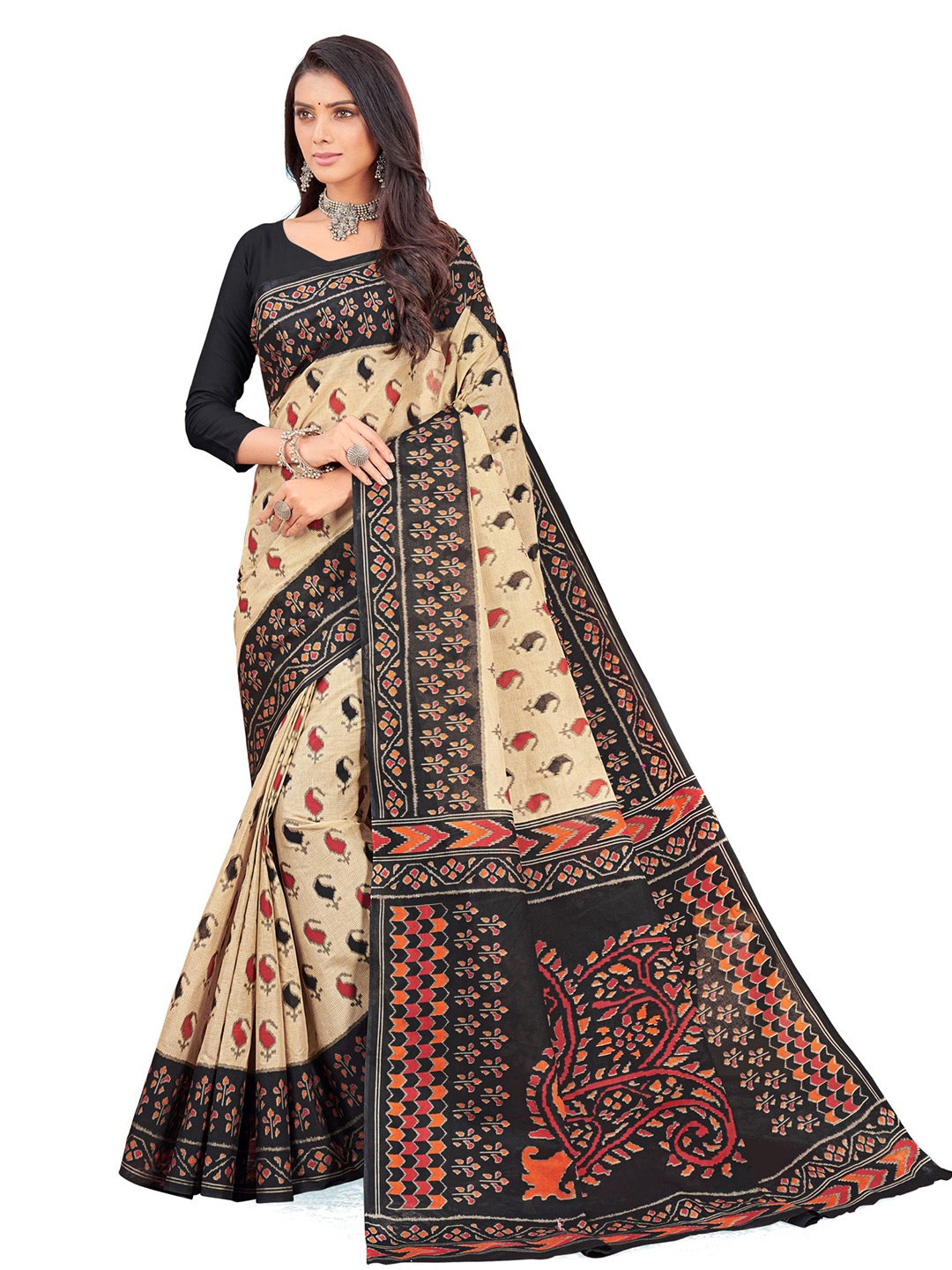 

SHANVIKA Beige & Red Ethnic Motifs Pure Cotton Block Print Saree