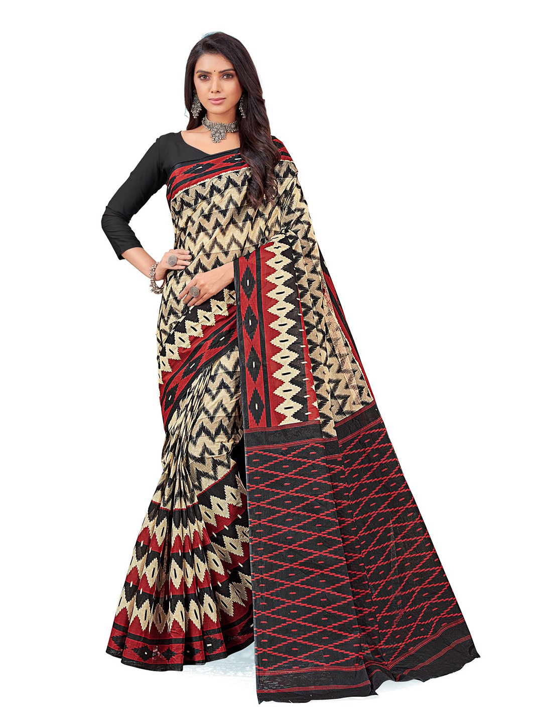 

SHANVIKA Beige & Black Leheriya Pure Cotton Ikat Print Saree