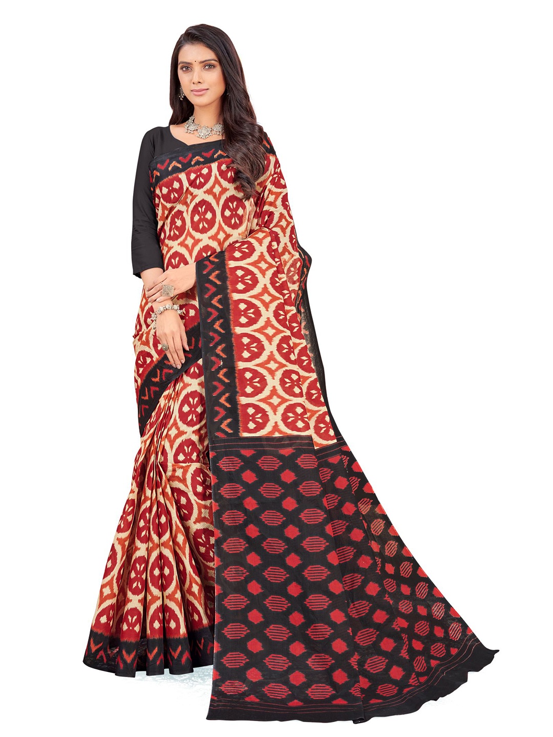 

SHANVIKA Beige & Red Ethnic Motifs Pure Cotton Block Print Saree