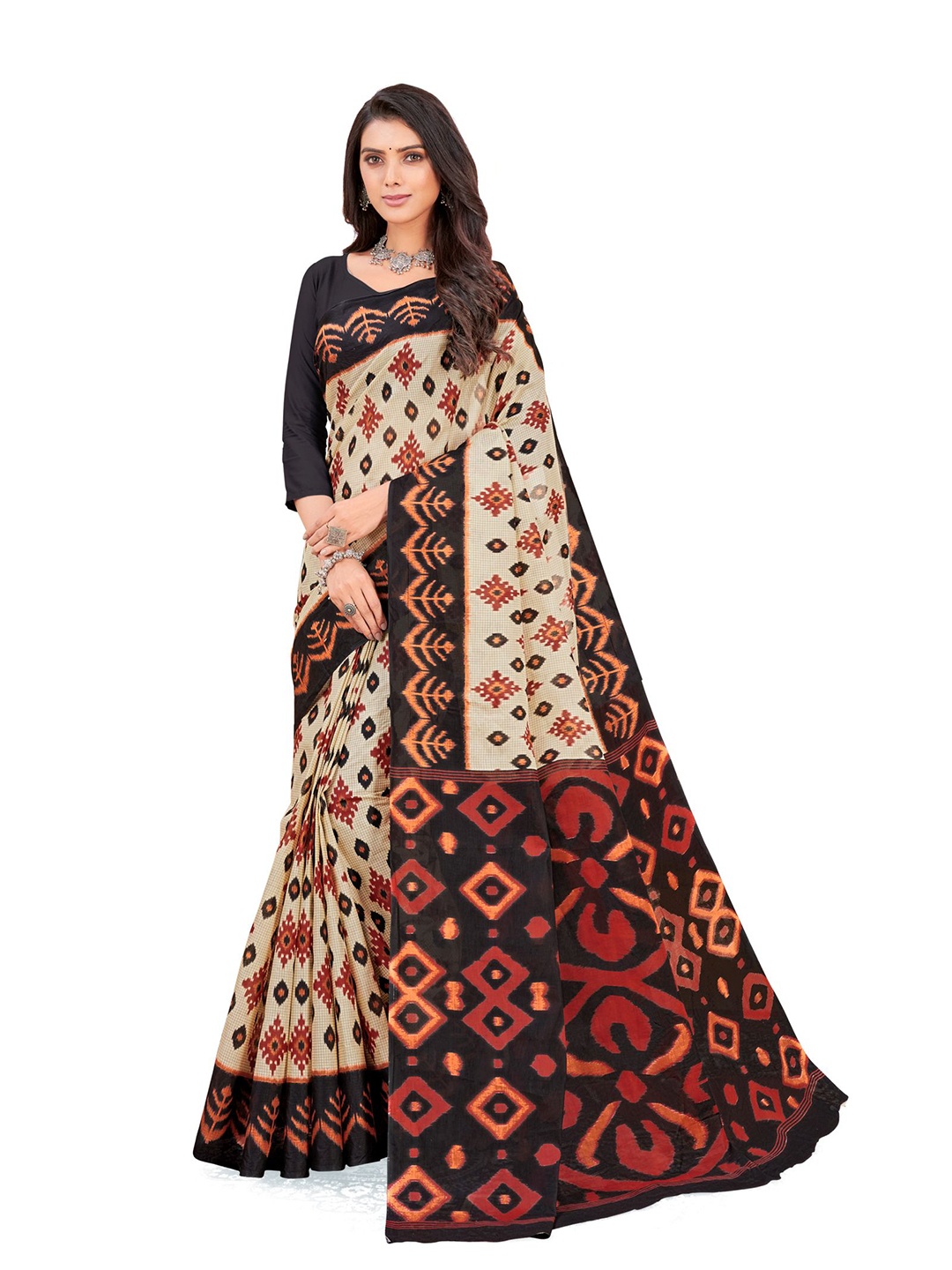 

SHANVIKA Beige & Black Ethnic Motifs Pure Cotton Block Print Saree