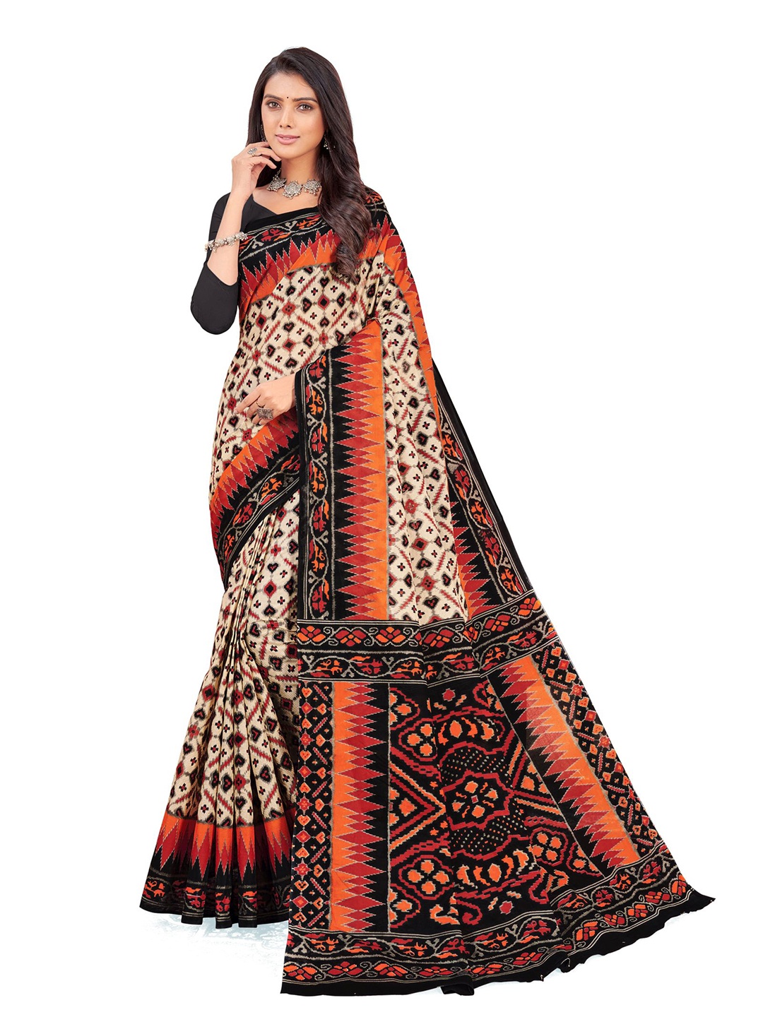 

SHANVIKA Beige & Red Ethnic Motifs Pure Cotton Block Print Saree
