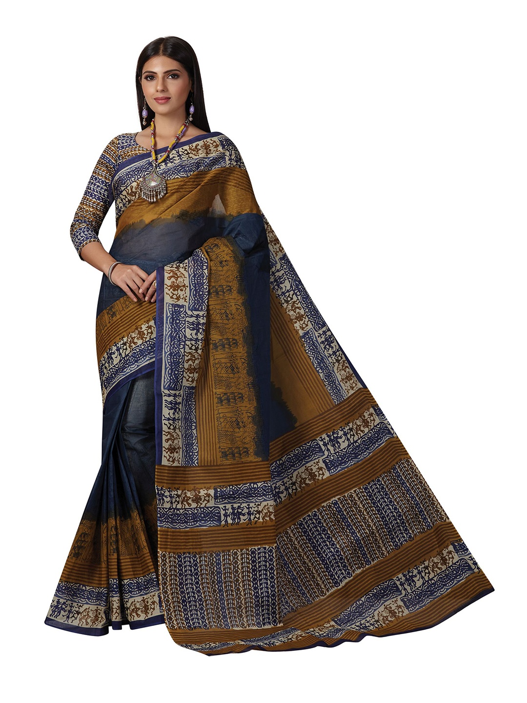 

SHANVIKA Mustard & Blue Pure Cotton Block Print Saree