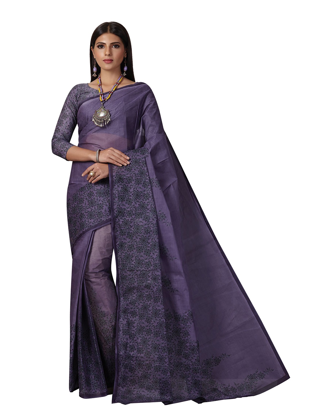 

SHANVIKA Purple & Black Floral Pure Cotton Block Print Saree