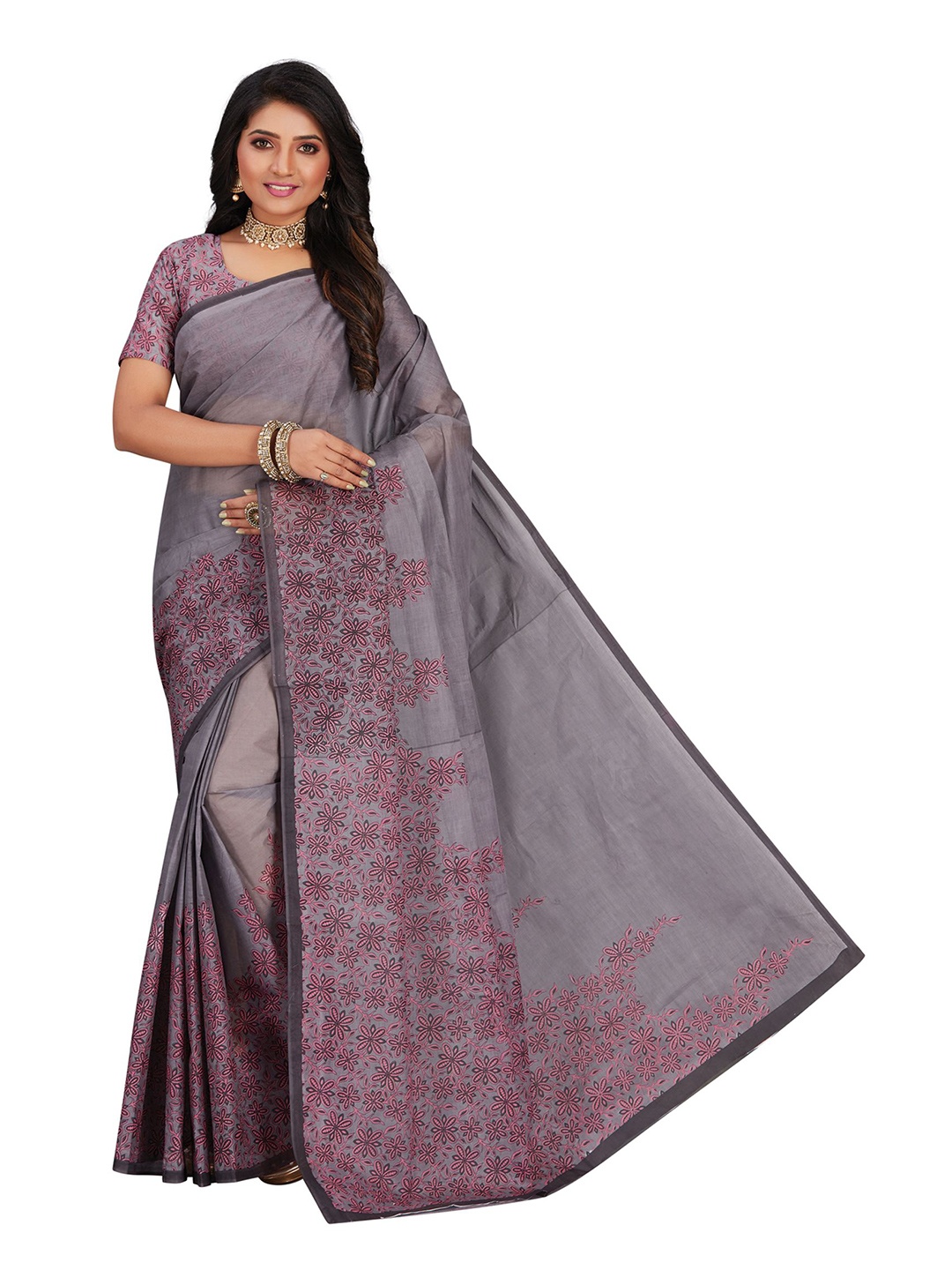 

SHANVIKA Grey & Pink Floral Pure Cotton Block Print Saree