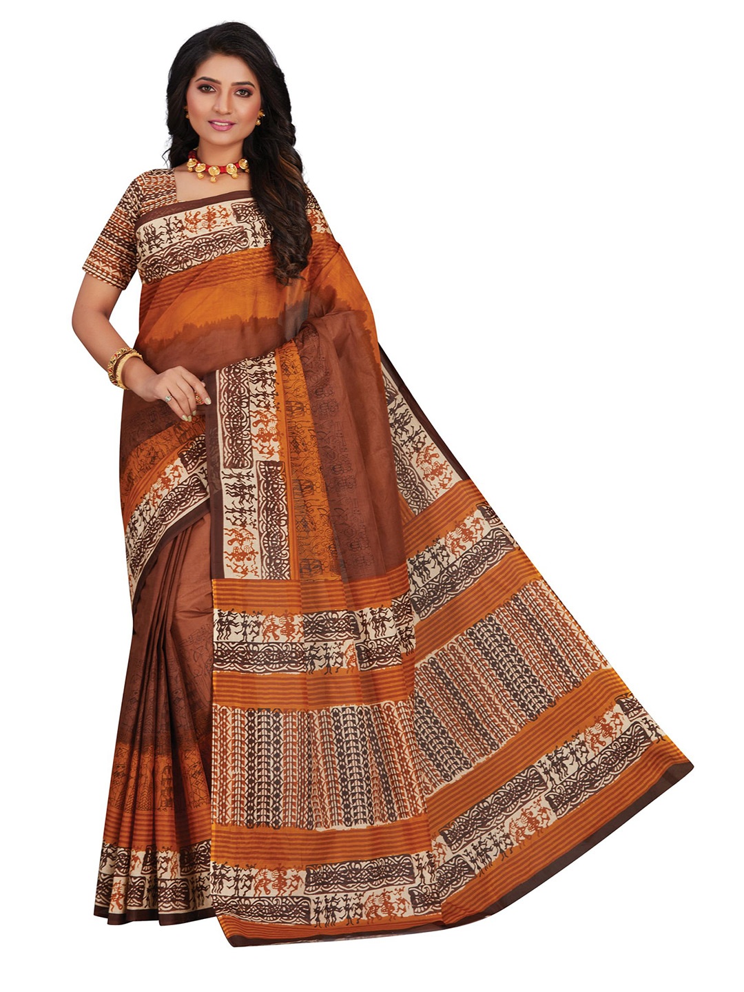 

SHANVIKA Rust & Brown Pure Cotton Block Print Saree