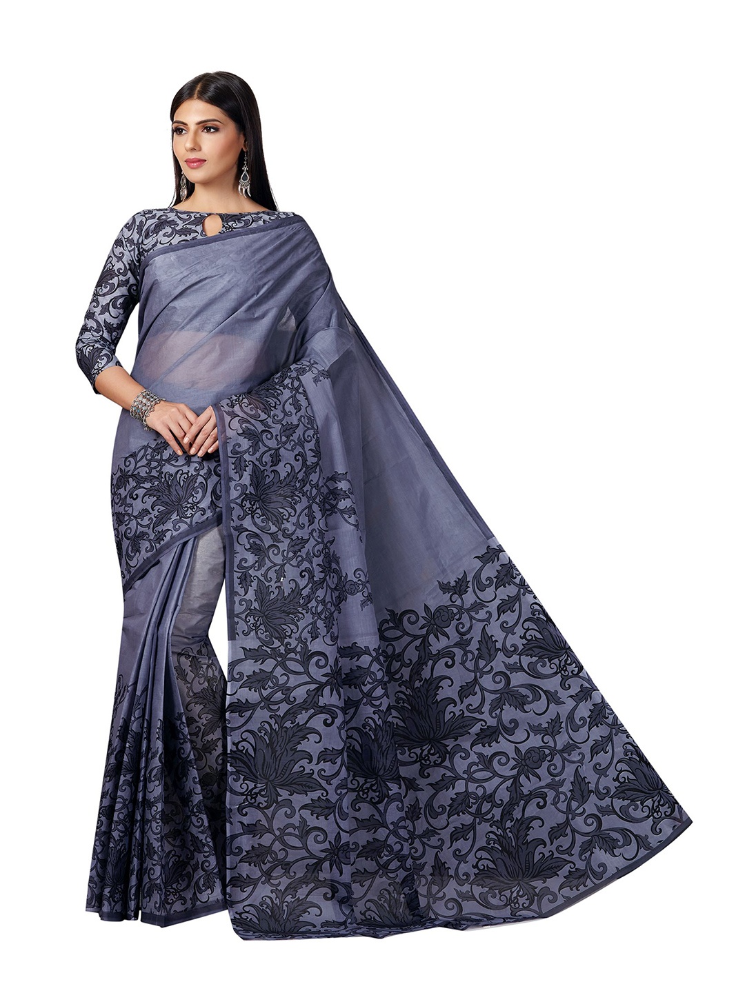 

SHANVIKA Grey Floral Pure Cotton Block Print Saree