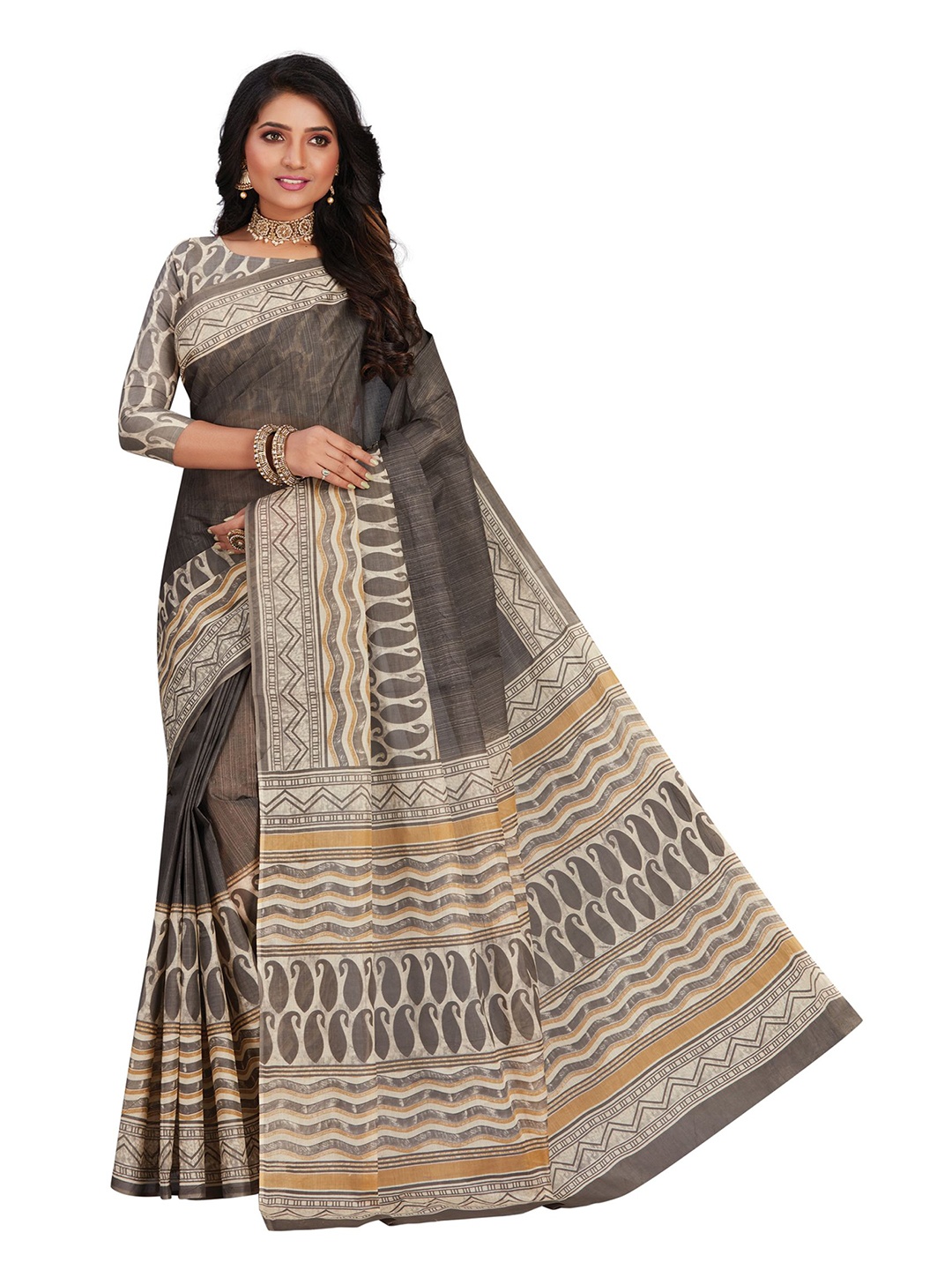 

SHANVIKA Grey & Mustard Paisley Pure Cotton Block Print Saree