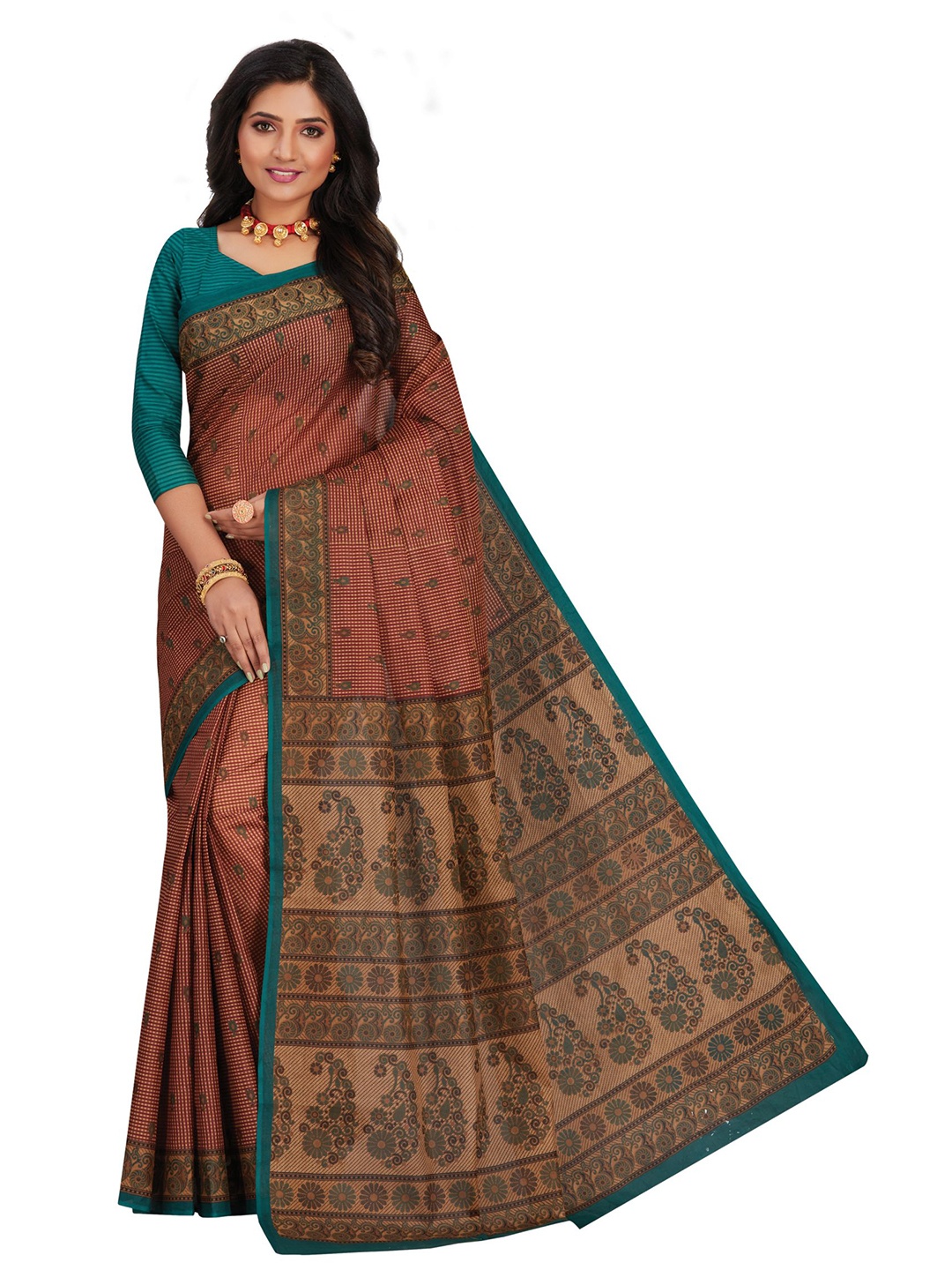 

SHANVIKA Brown & Blue Checked Pure Cotton Block Print Saree