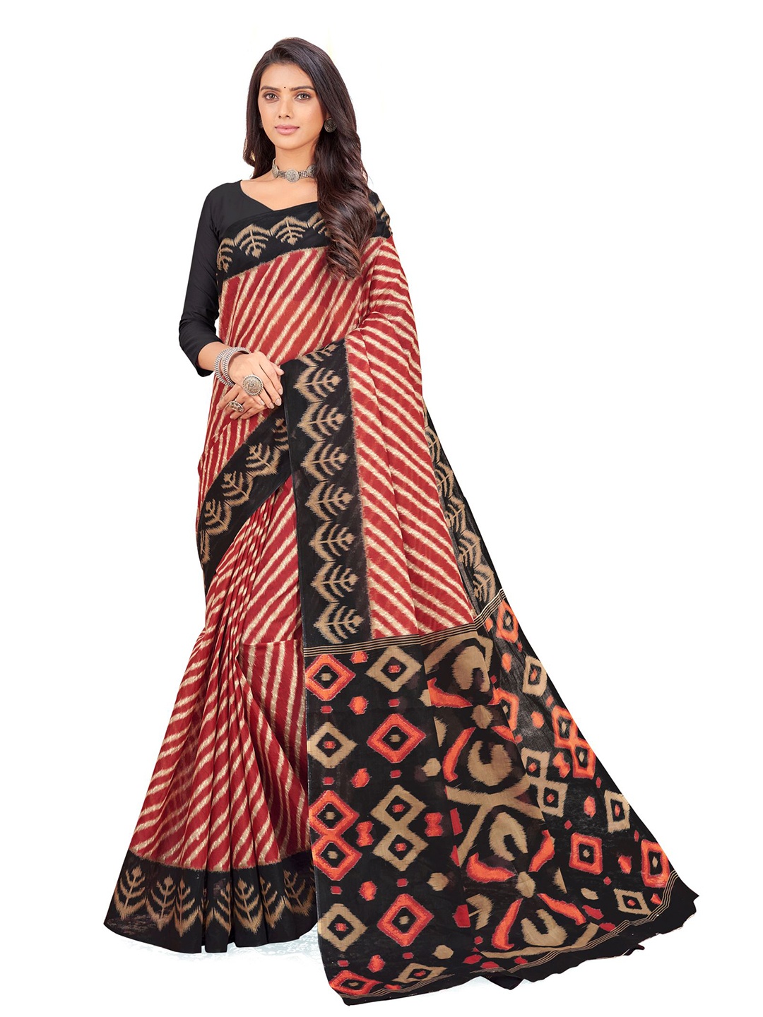 

SHANVIKA Red & Black Leheriya Pure Cotton Block Print Saree