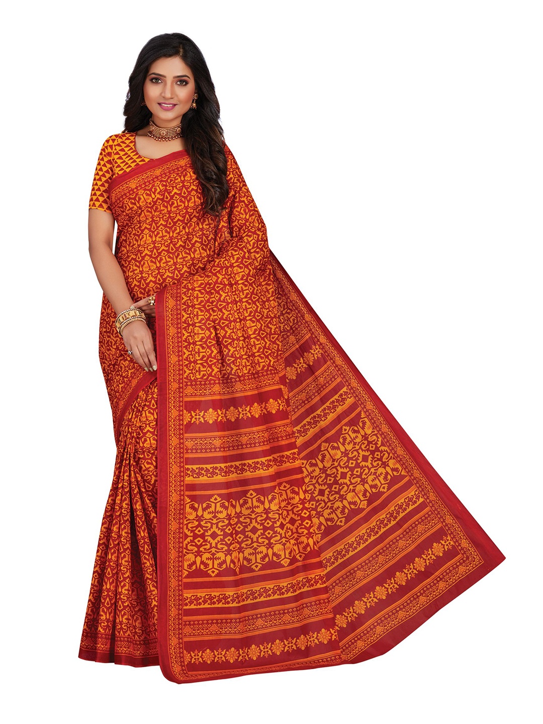 

SHANVIKA Mustard & Red Pure Cotton Block Print Saree