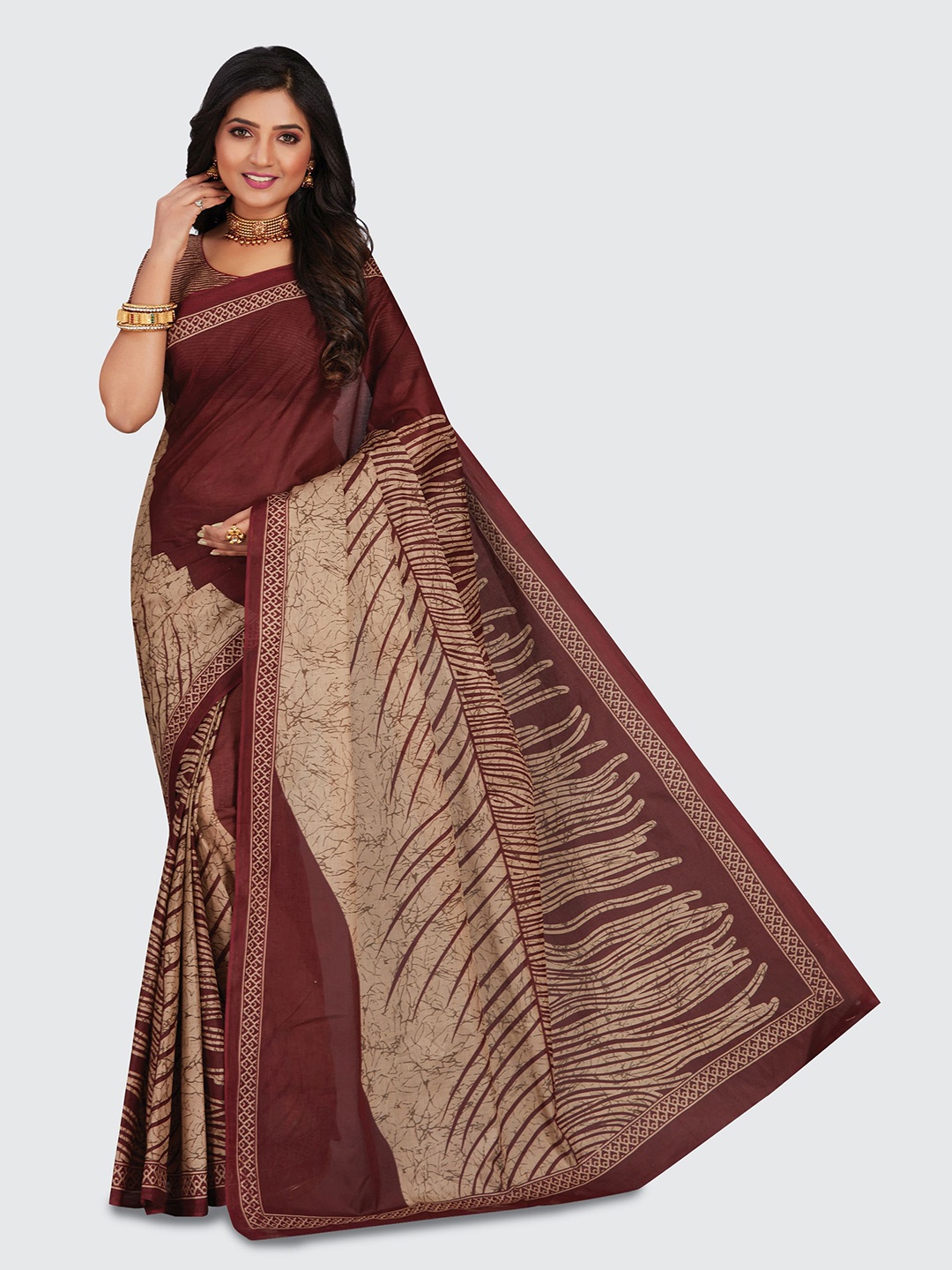 

SHANVIKA Maroon & Beige Pure Cotton Block Print Saree