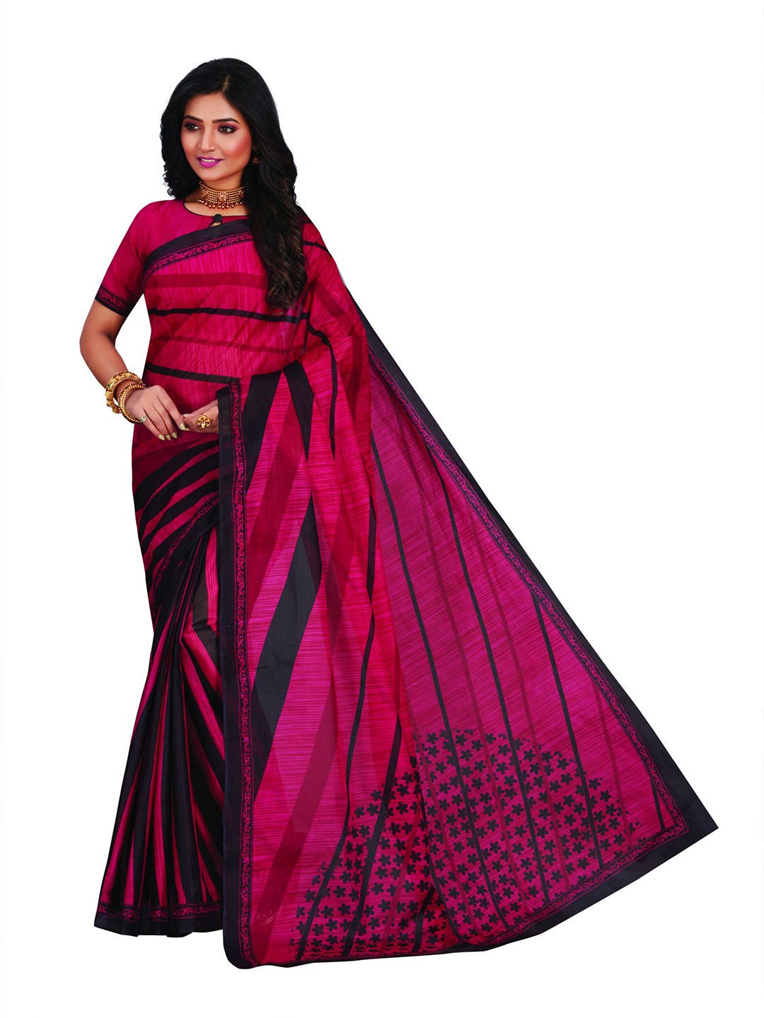 

SHANVIKA Pink & Black Striped Pure Cotton Block Print Saree