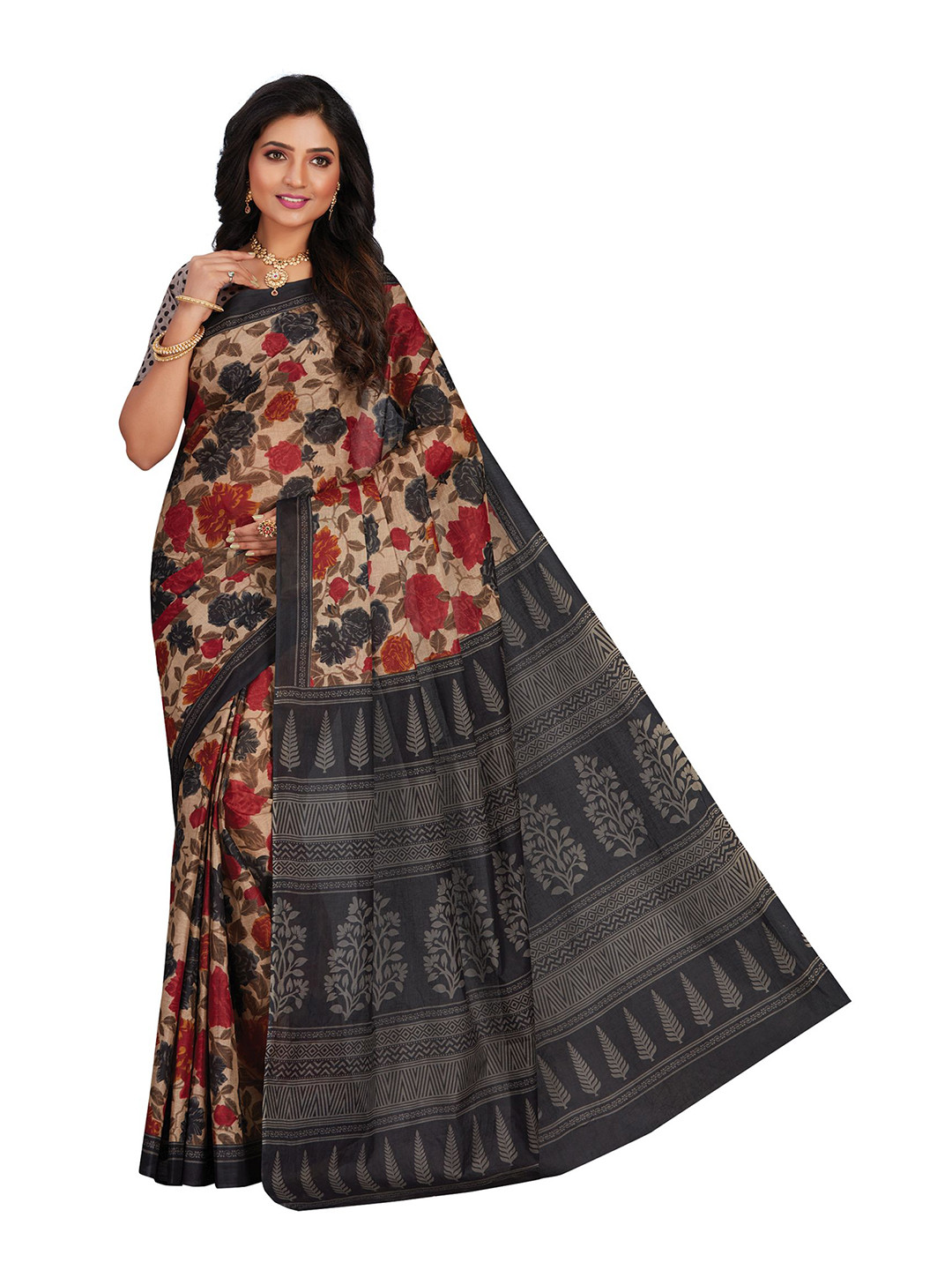 

SHANVIKA Beige & Black Floral Pure Cotton Block Print Saree