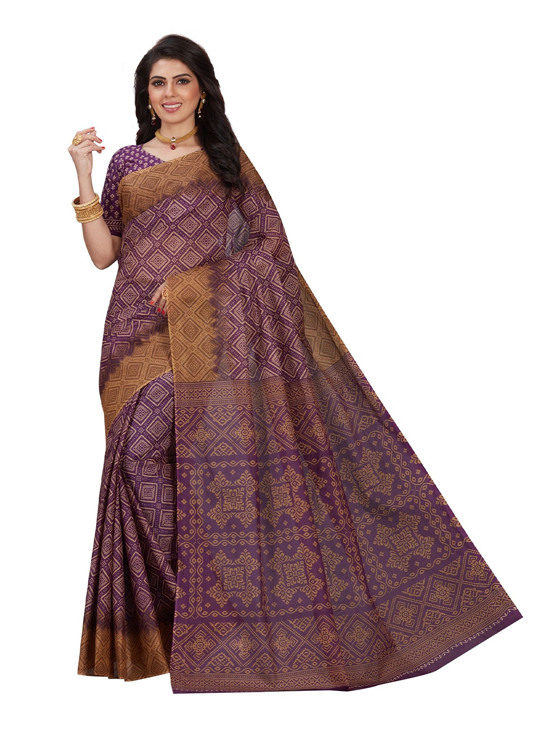 

SHANVIKA Purple Bandhani Pure Cotton Block Print Saree