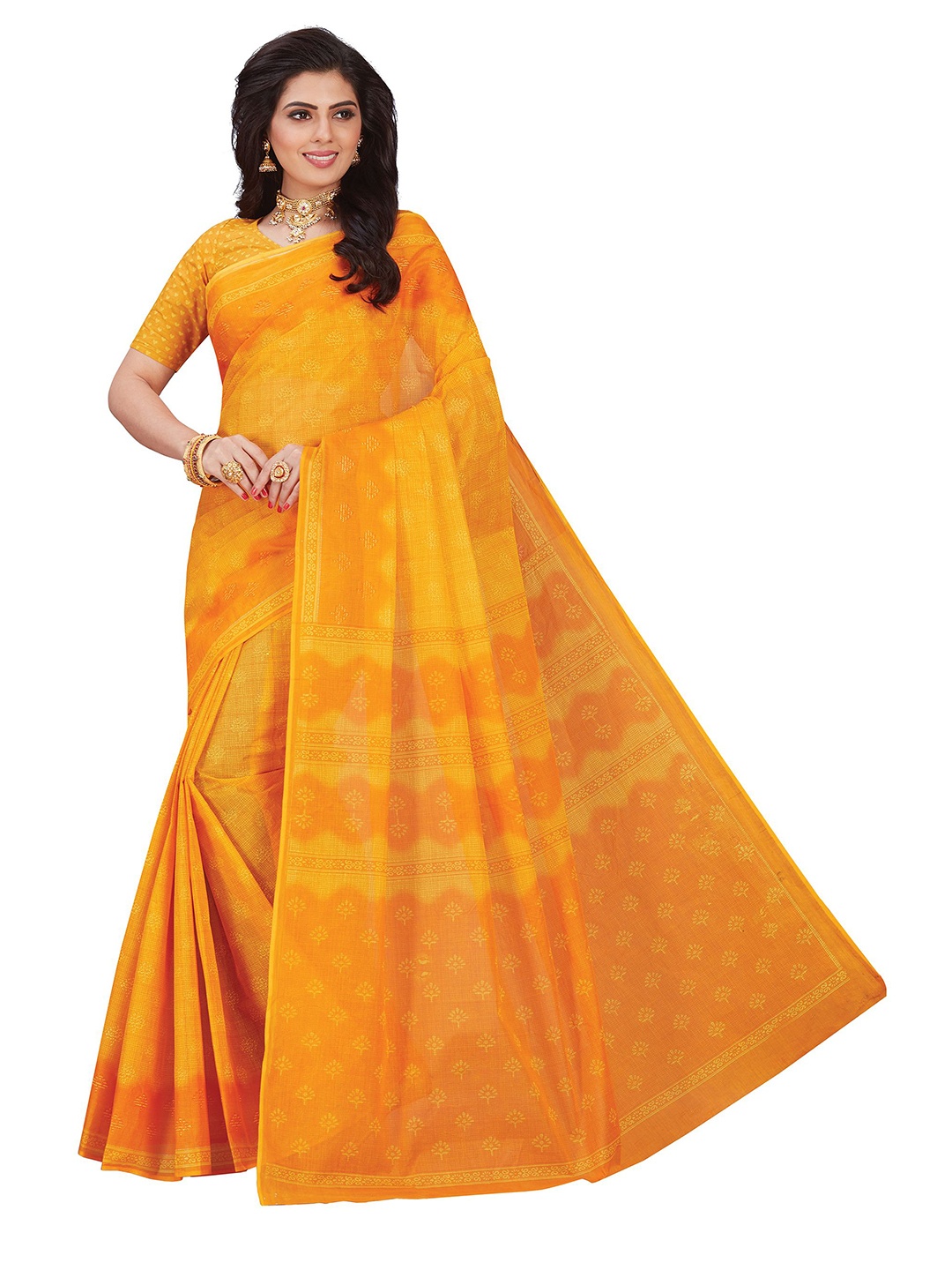 

SHANVIKA Yellow Ethnic Motifs Pure Cotton Block Print Saree