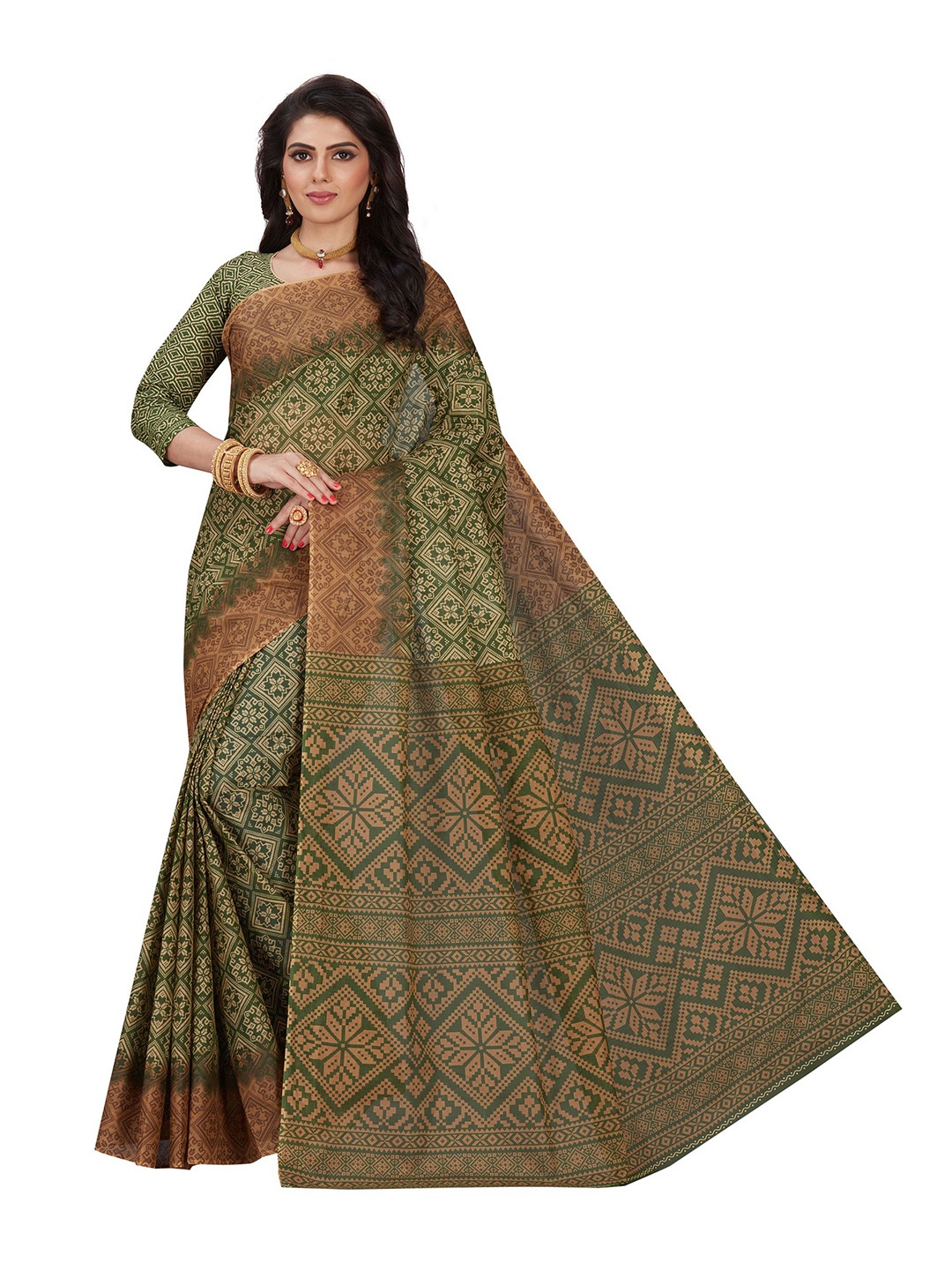 

SHANVIKA Women Pure Cotton Ikat Print Saree With Blouse Piece, Green