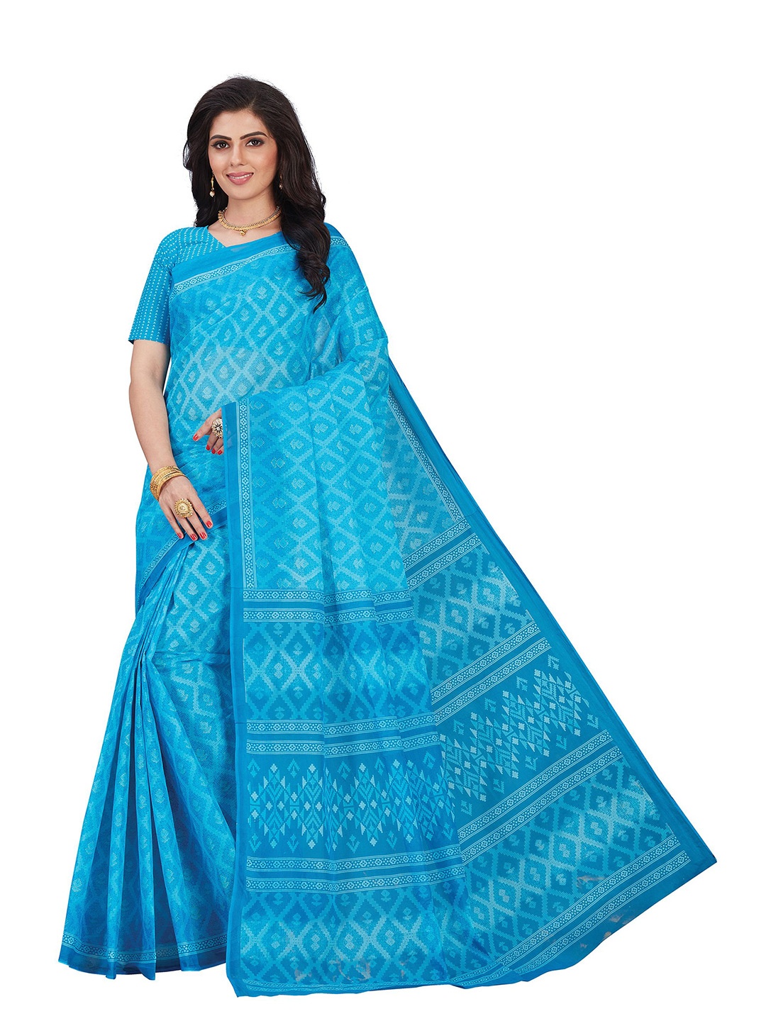 

SHANVIKA Blue Pure Cotton Block Print Saree