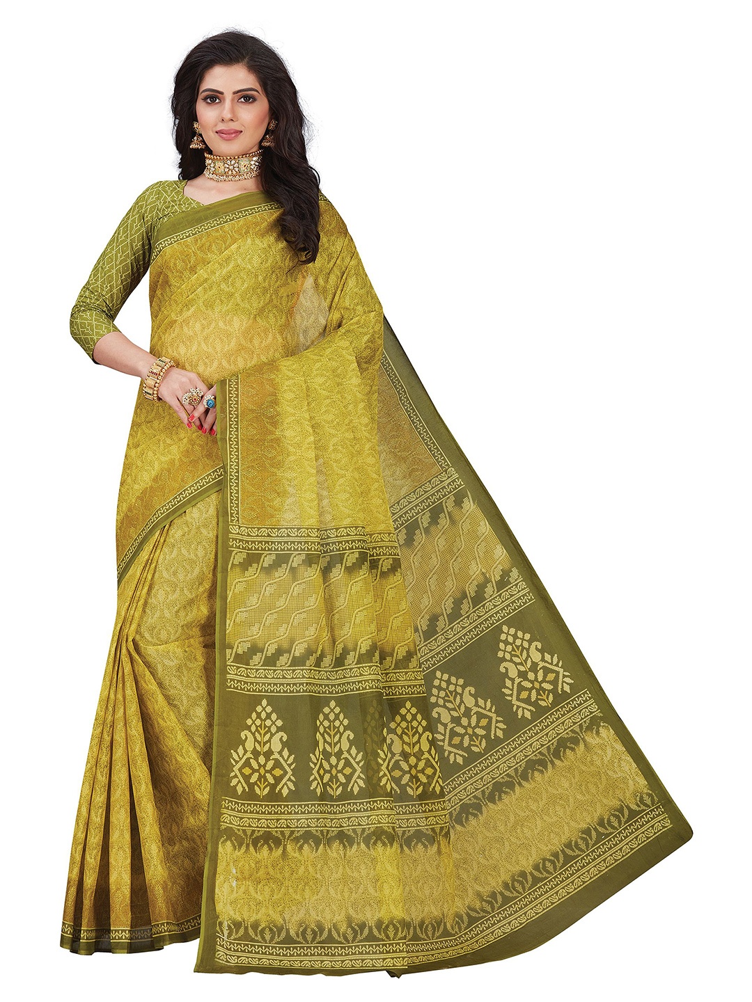

SHANVIKA Mustard & Green Pure Cotton Block Print Saree