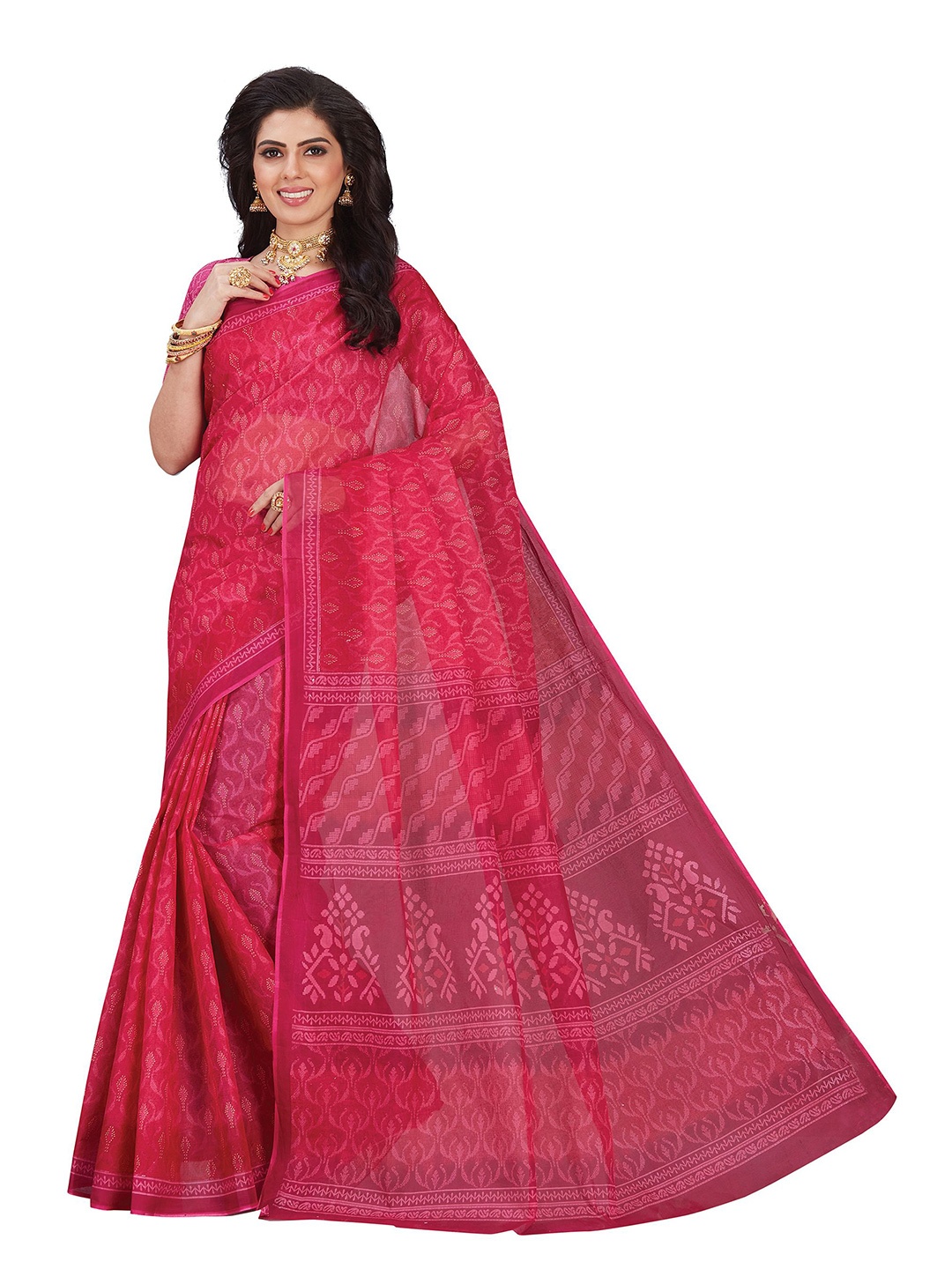 

SHANVIKA Pink & Red Ethnic Motifs Pure Cotton Block Print Saree