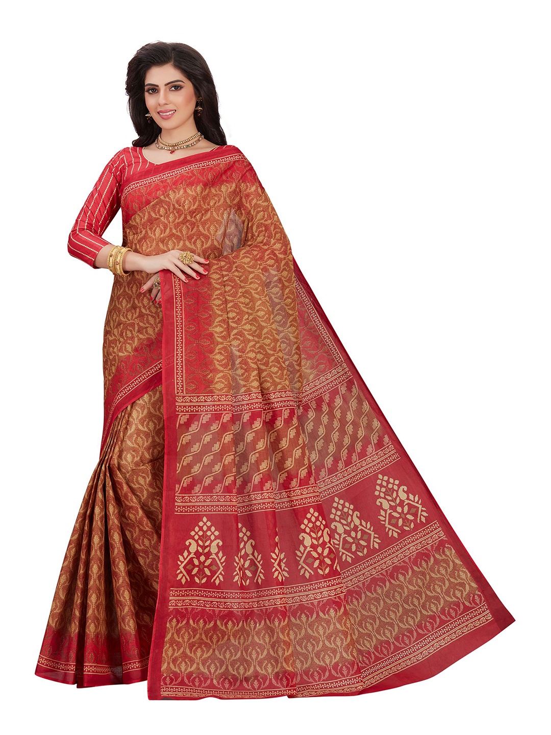 

SHANVIKA Rust & Maroon Pure Cotton Block Print Saree