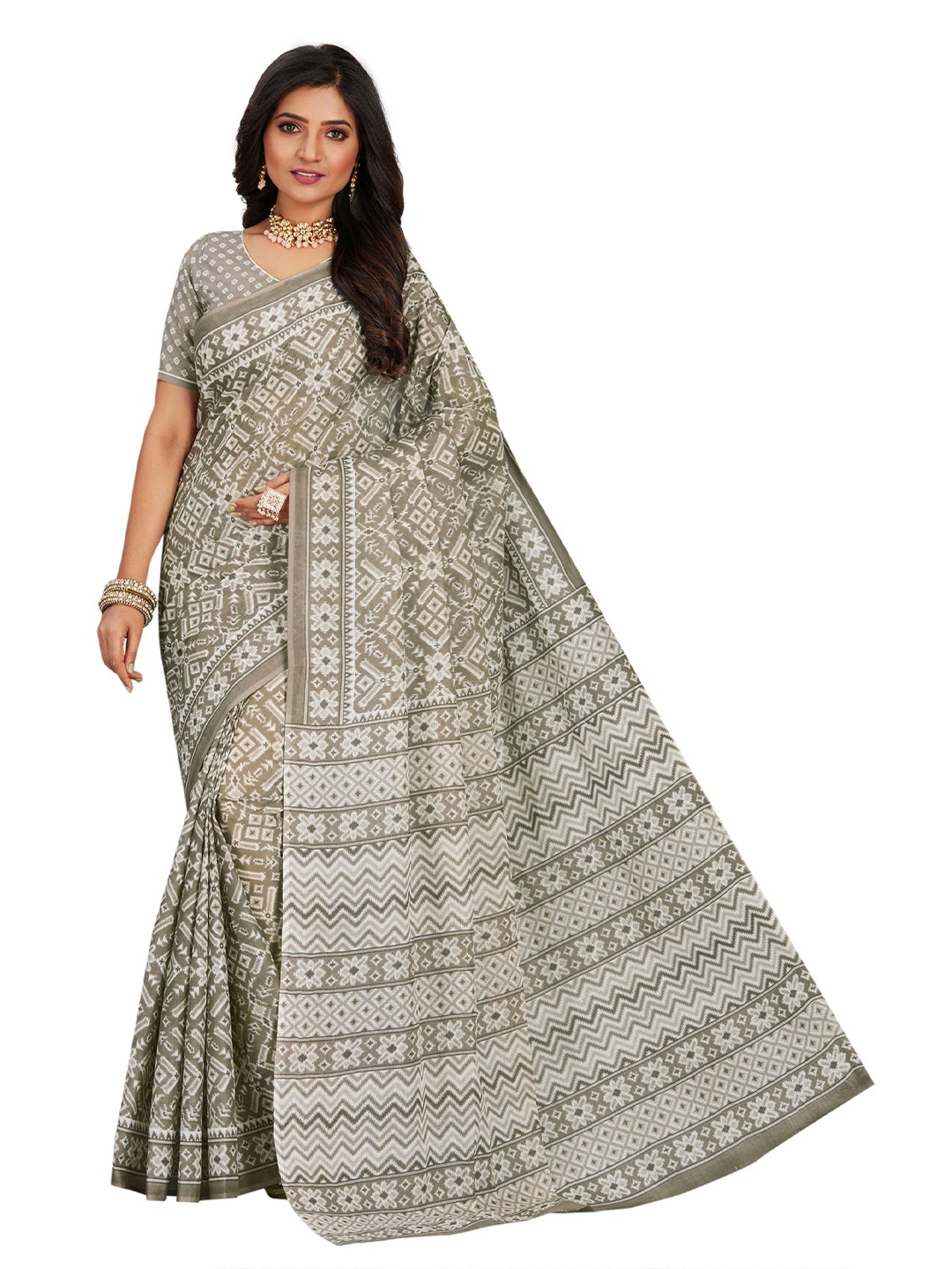 

SHANVIKA Grey Ethnic Motifs Pure Cotton Patola Saree