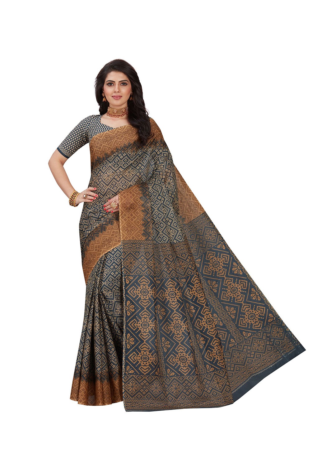 

SHANVIKA Mustard & Blue Ethnic Motifs Pure Cotton Block Print Saree