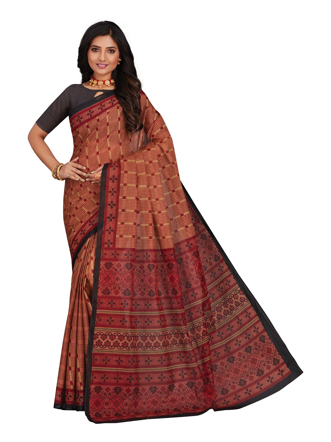 

SHANVIKA Maroon & Black Checked Pure Cotton Block Print Saree