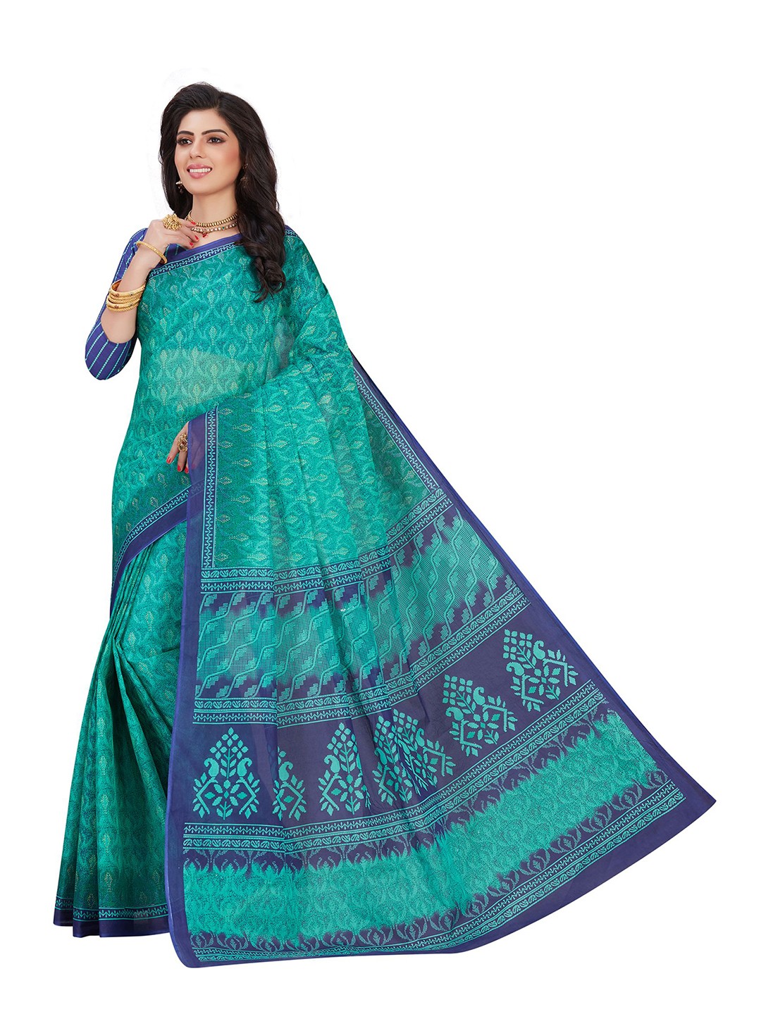 

SHANVIKA Sea Green Ethnic Motifs Pure Cotton Block Print Saree
