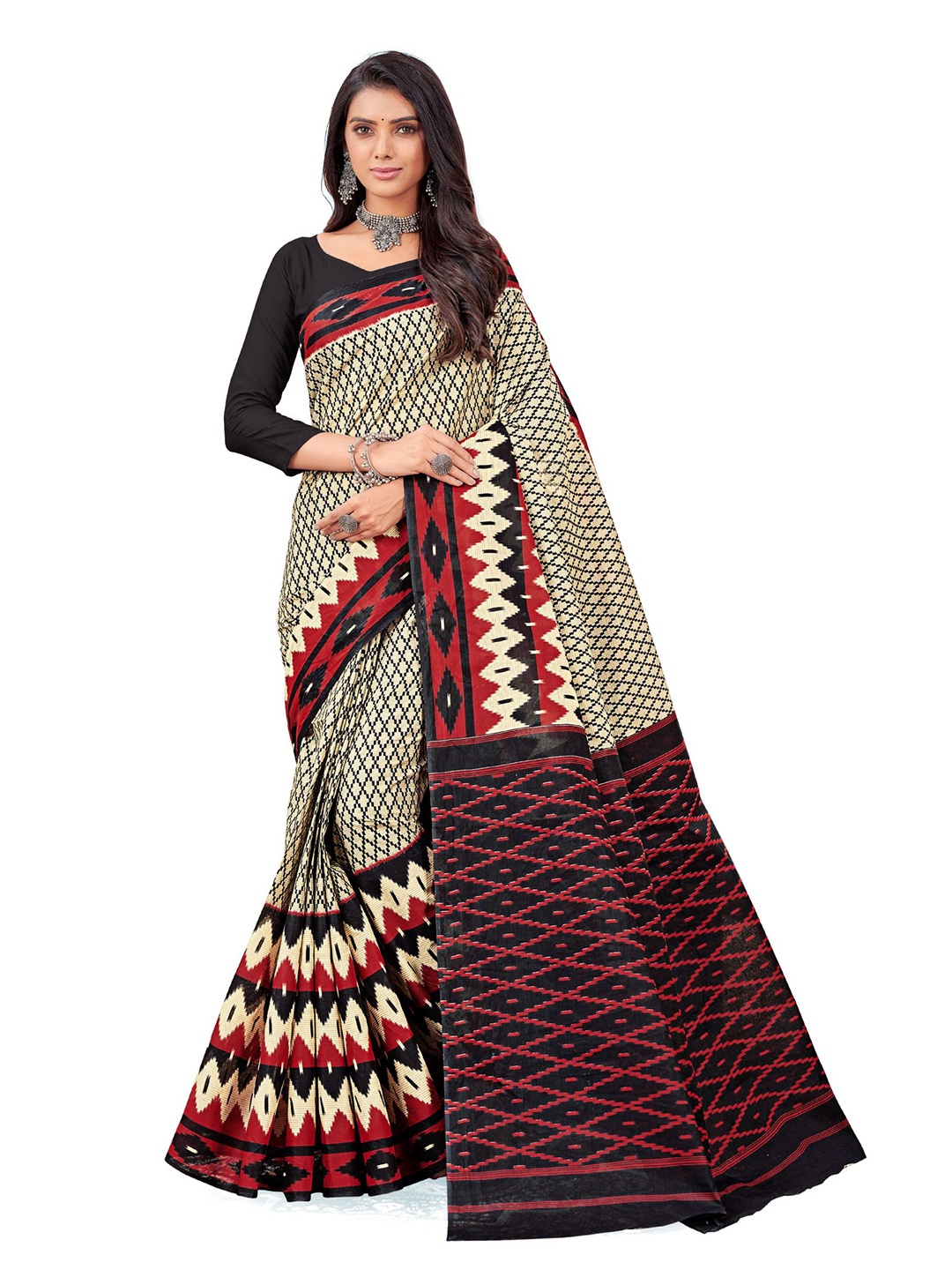 

SHANVIKA Beige & Black Checked Pure Cotton Block Print Saree