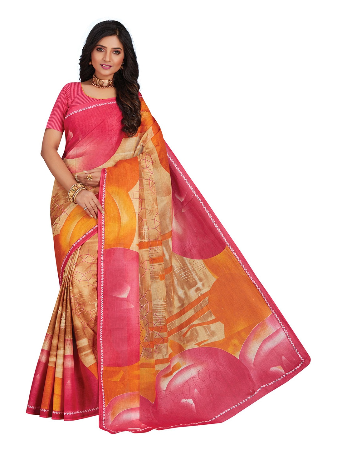 

SHANVIKA Mustard & Pink Pure Cotton Block Print Saree