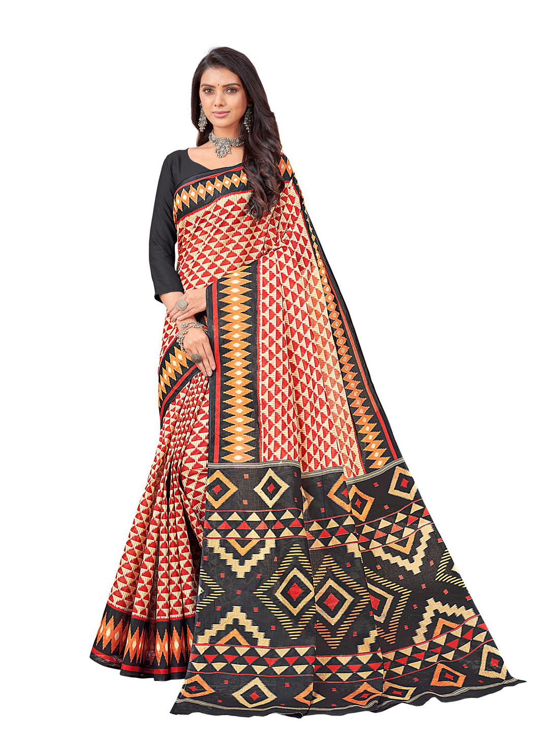 

SHANVIKA Beige & Black Pure Cotton Block Print Saree