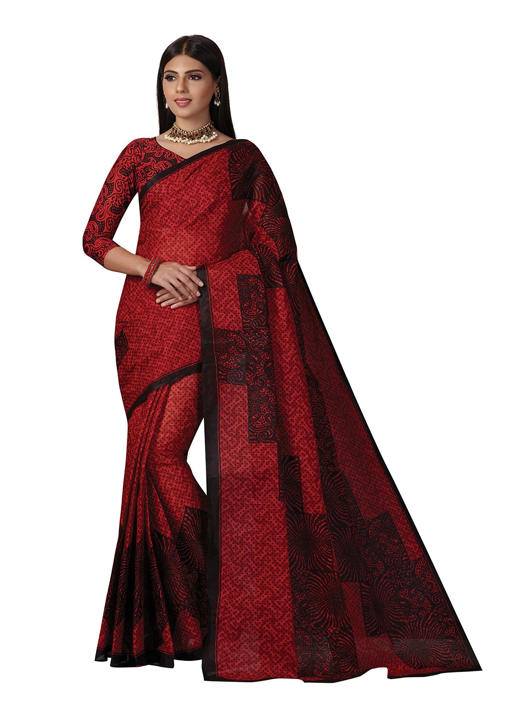 

SHANVIKA Red & Black Pure Cotton Block Print Saree